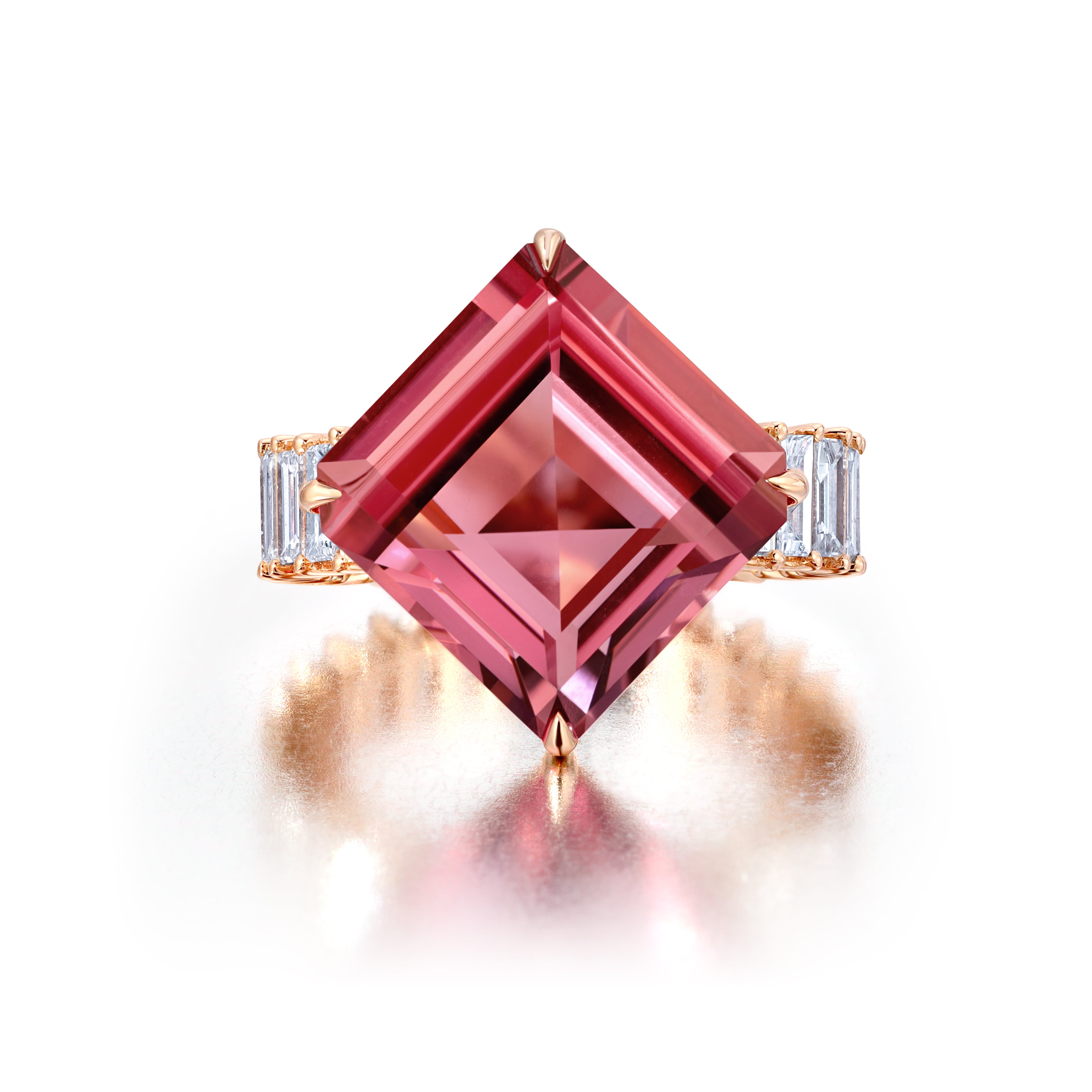 Pink Tourmaline &amp; Diamond Baguette Statement Ring