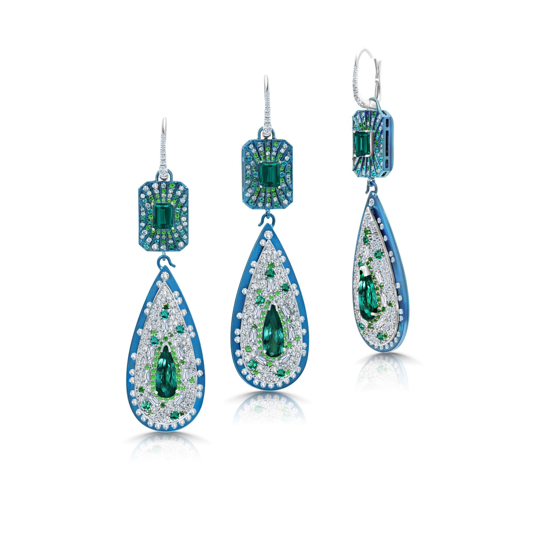 Graziela Gems - Indicolite &amp; Diamond Titanium Earrings - 