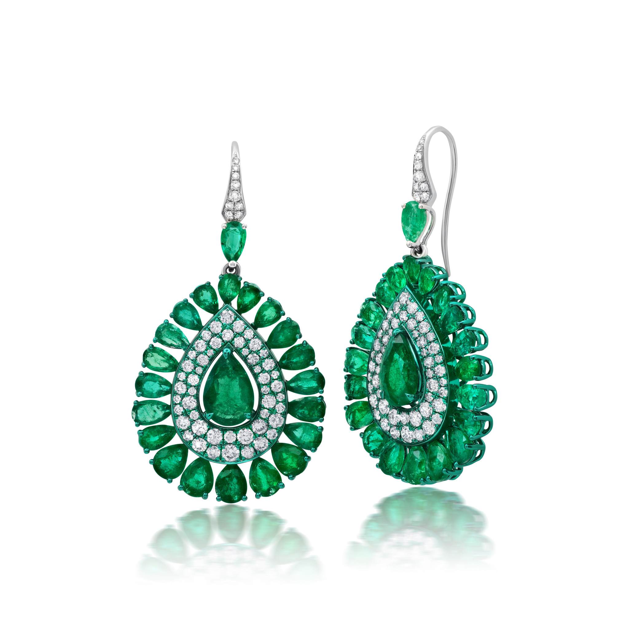 Graziela Gems - Green Rhodium &amp; Emerald Diamond Earrings - 