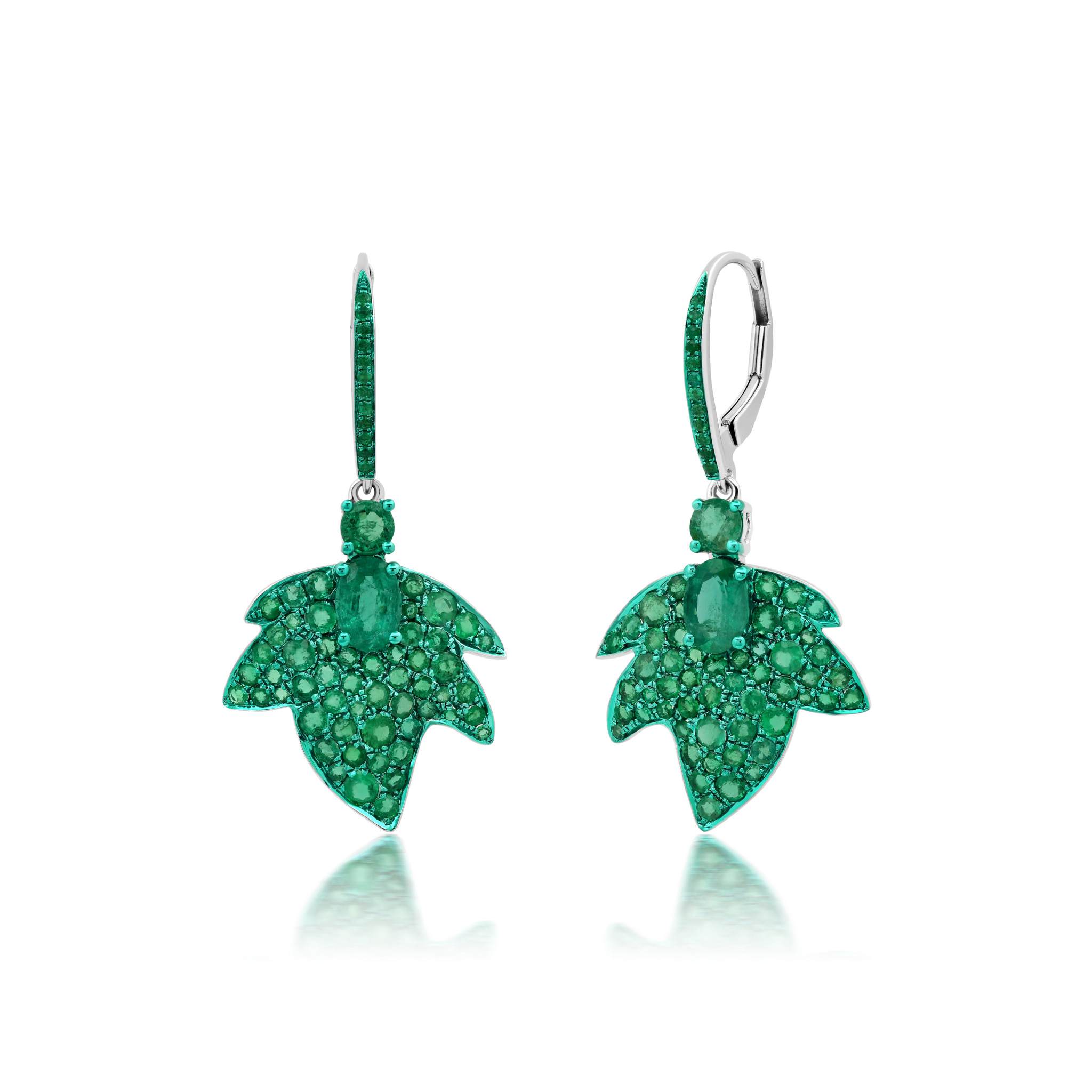 Graziela Gems - Green Rhodium &amp; Emerald Folha Earrings - 