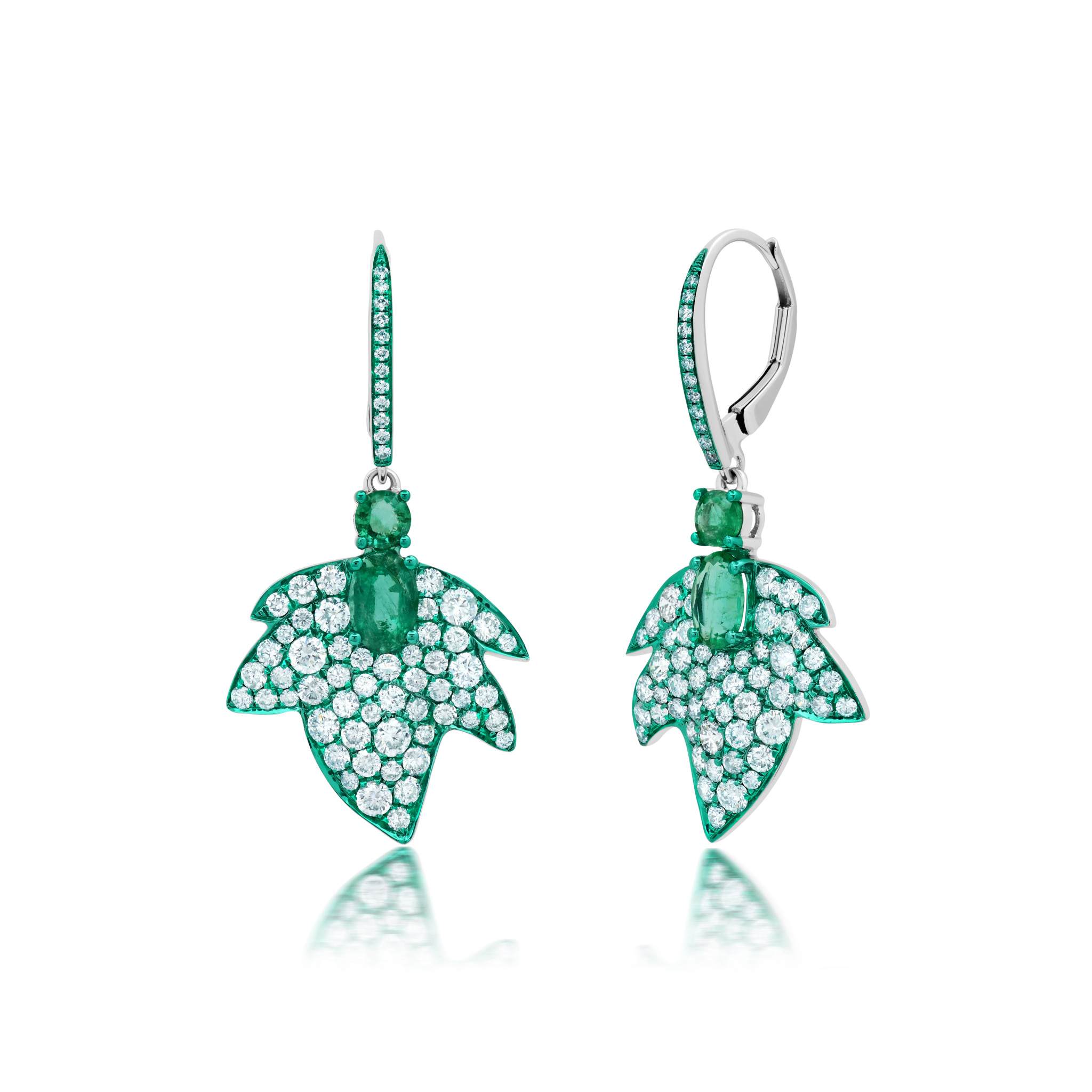 Graziela Gems - Green Rhodium, Emerald &amp; Diamond Folha Earrings - 