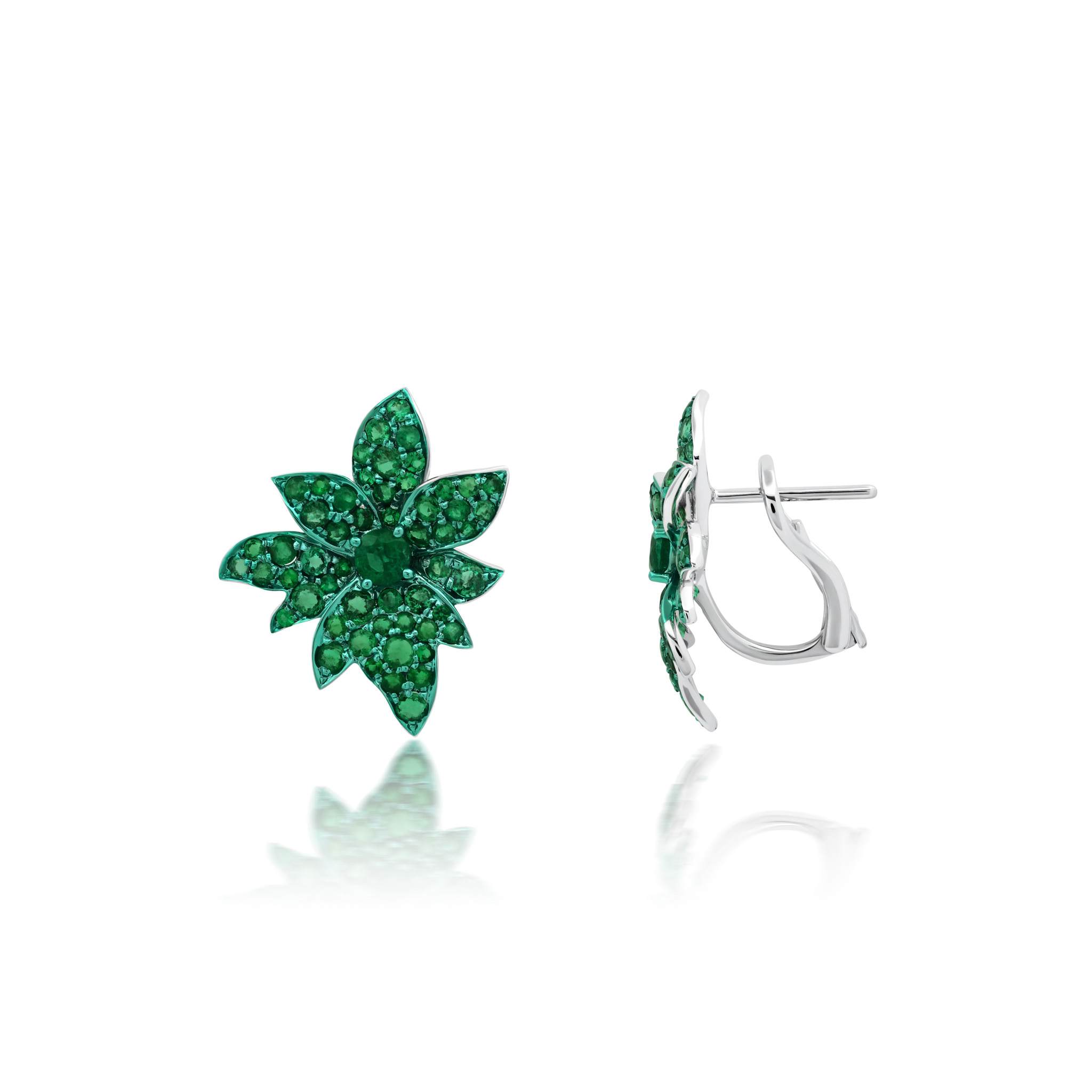 Graziela Gems - Green Rhodium &amp; Emerald Folha Earrings - 