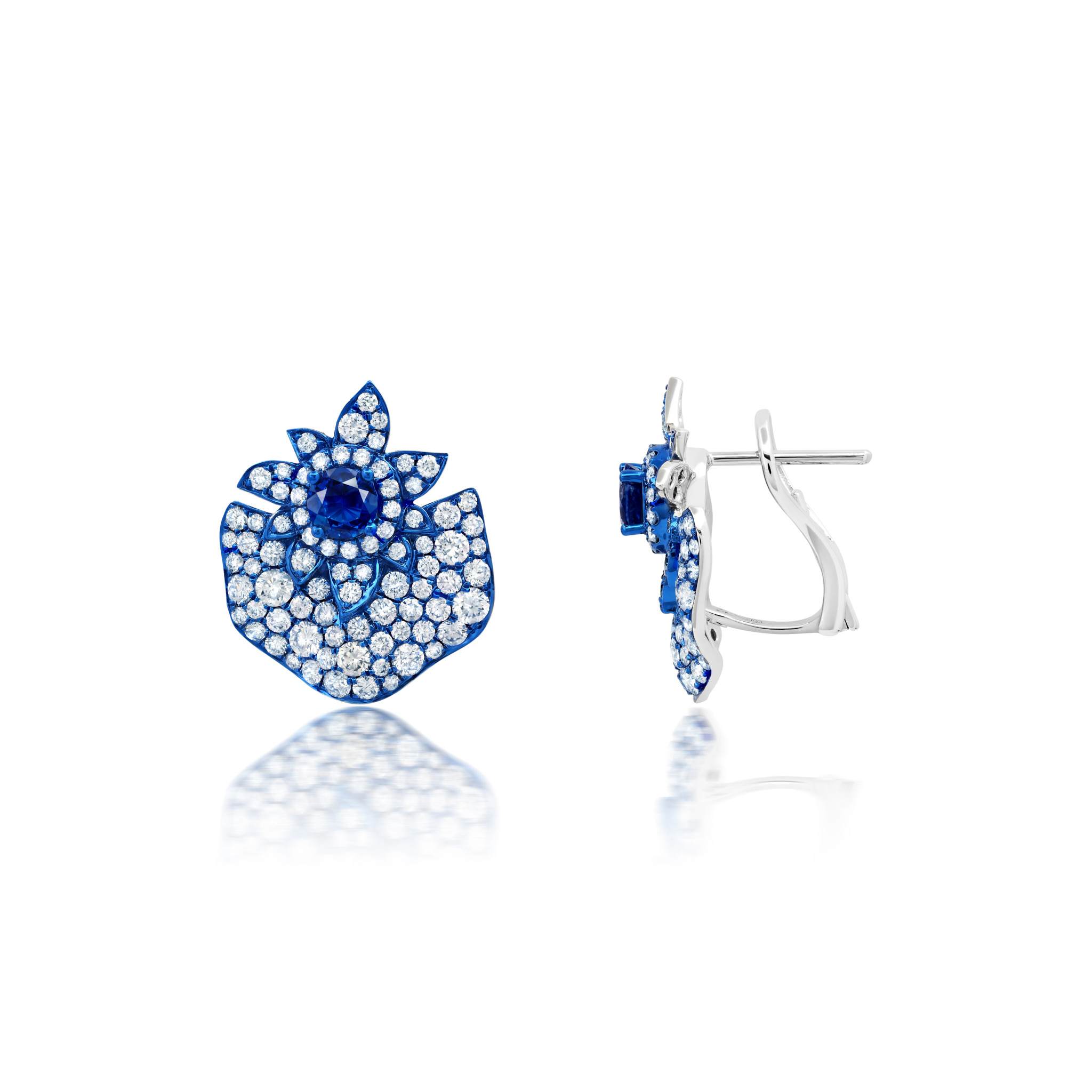 Graziela Gems - Blue Rhodium, Blue Sapphire &amp; Diamond Folha Earrings - 