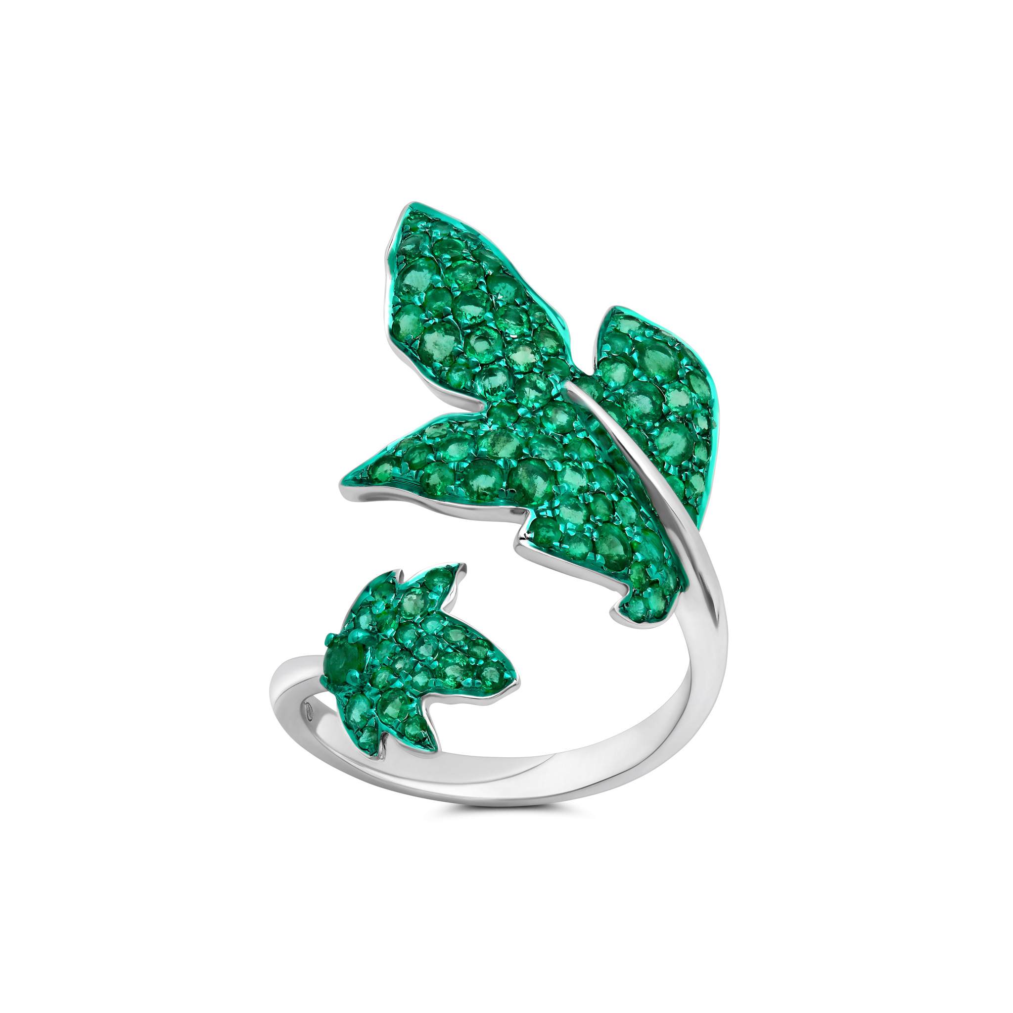 Large Green Rhodium &amp; Emerald Folha Ring
