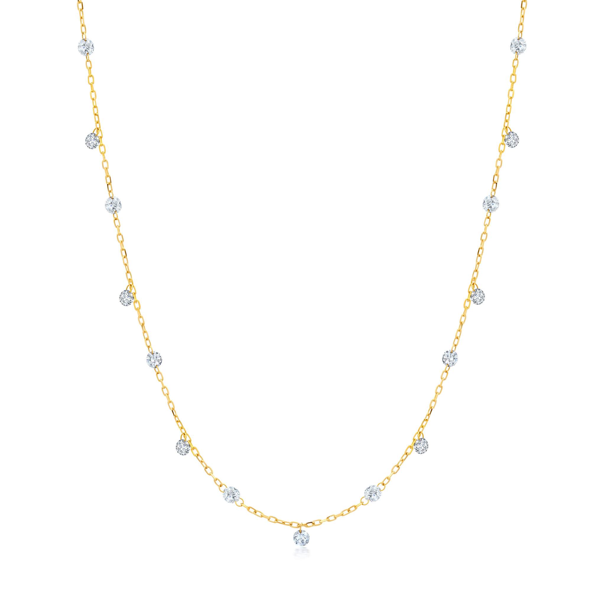 Graziela Gems - Necklace - 1 Ct Floating Diamond Drop &amp; Station Necklace - Yellow Gold