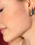 1" Emerald Color Rhodium 3 Sided Hoop Earrings