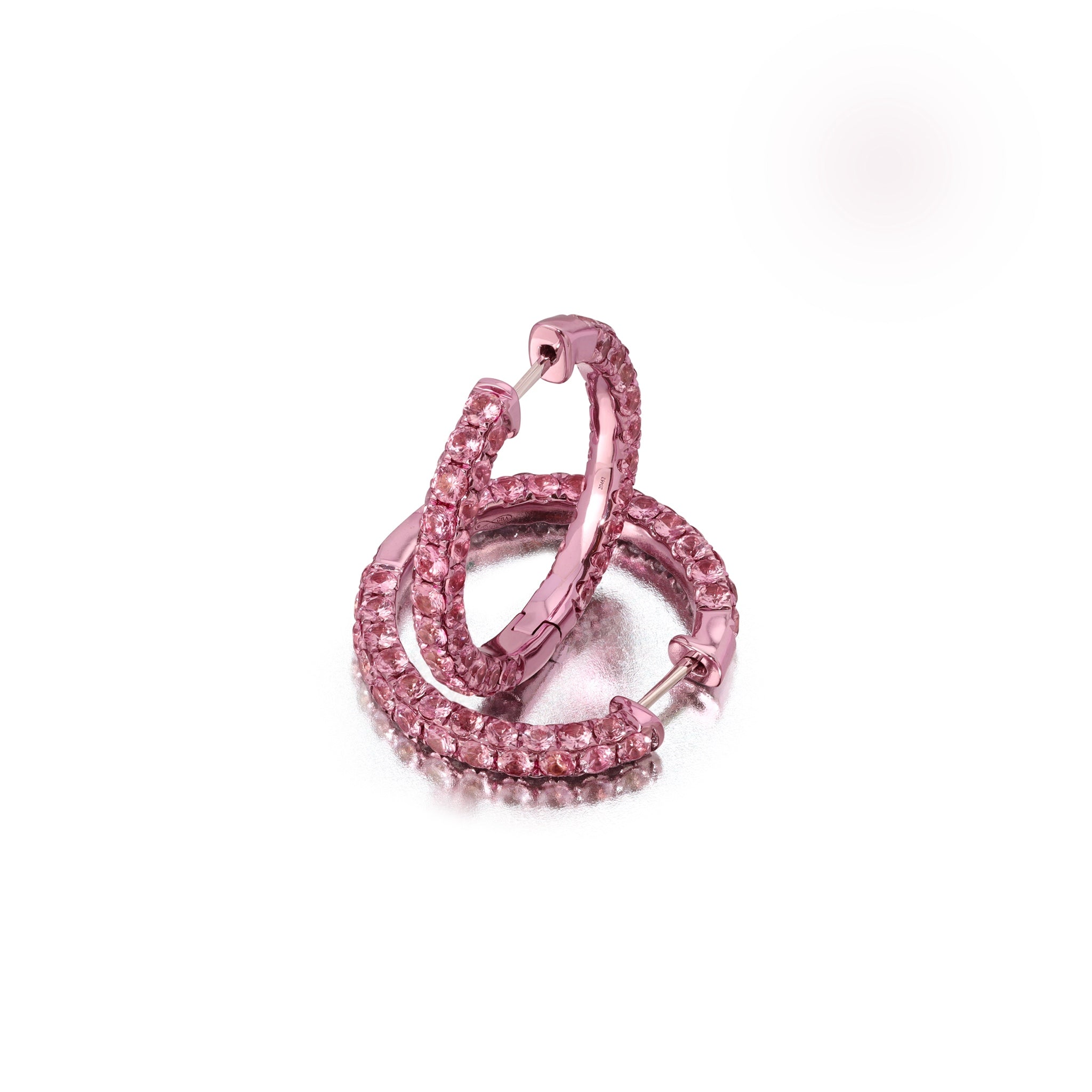 Large Pink Sapphire &amp; Pink Rhodium 3 Sided Hoops