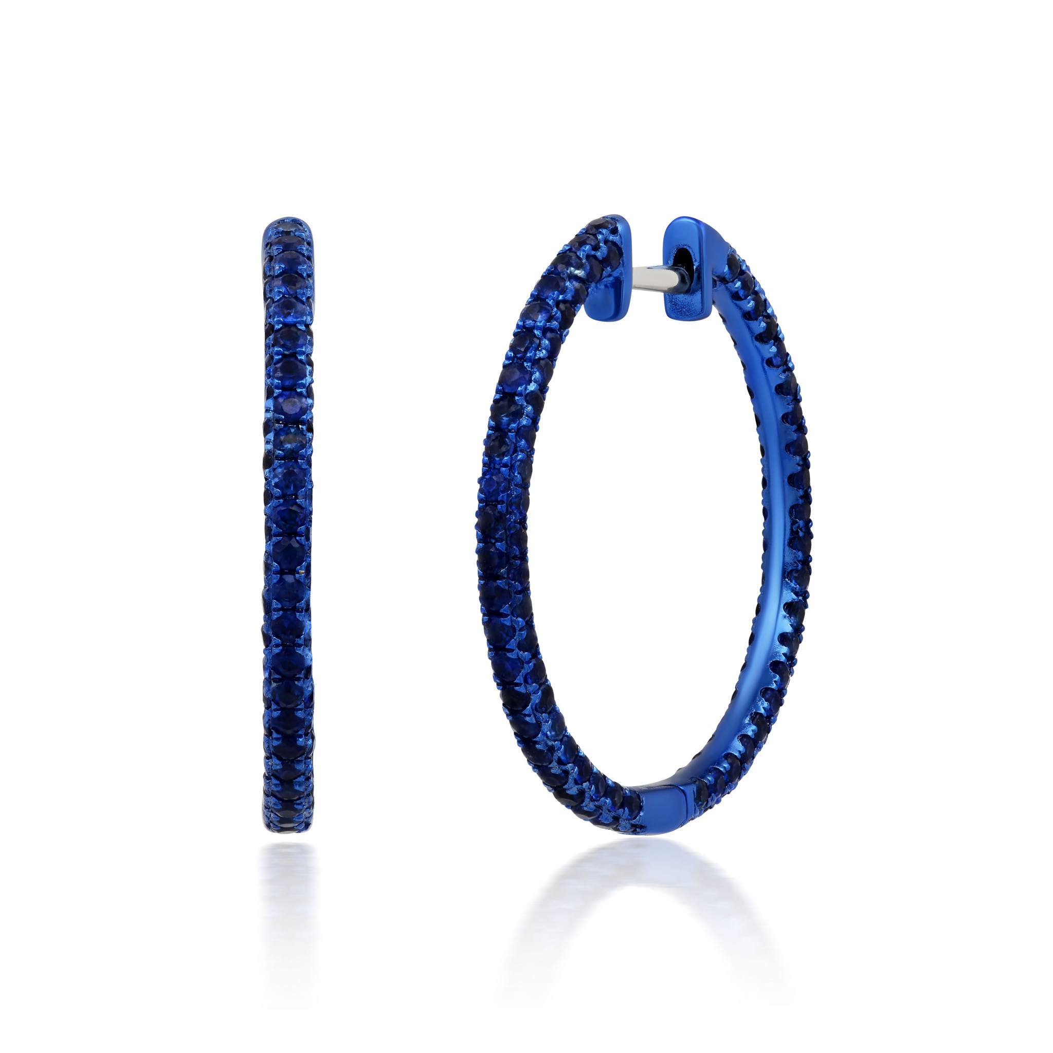 Graziela Gems - 1&quot; Blue Sapphire Color Rhodium 3 Sided Hoop Earrings - 