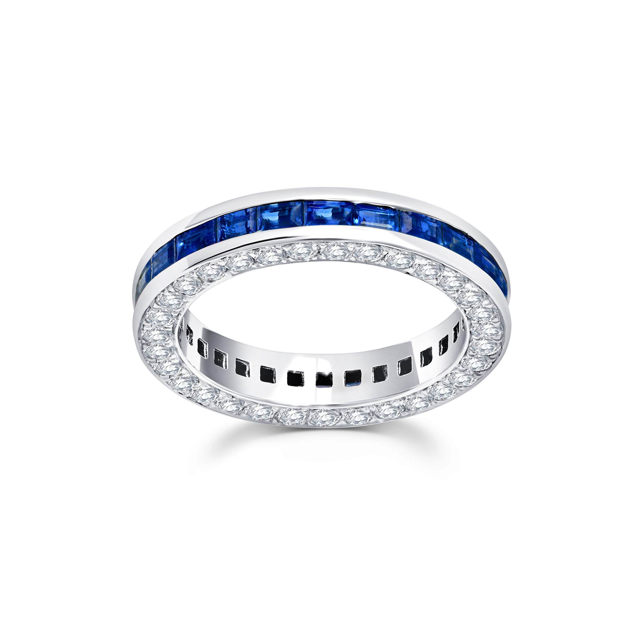 Diamond &amp; Blue Sapphire Baguette 3 Sided Ring