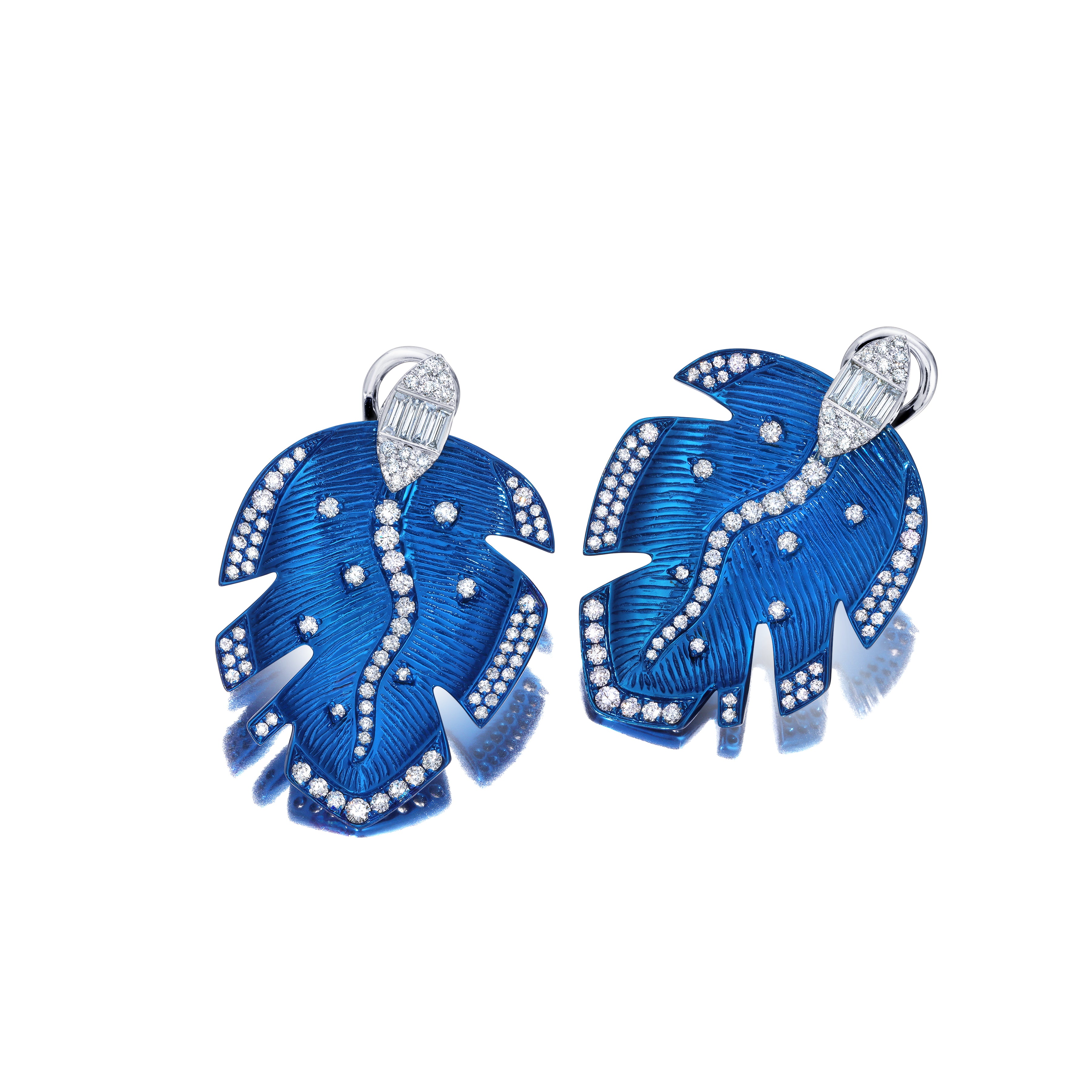 Blue Rhodium &amp; Diamond Folha Earrings
