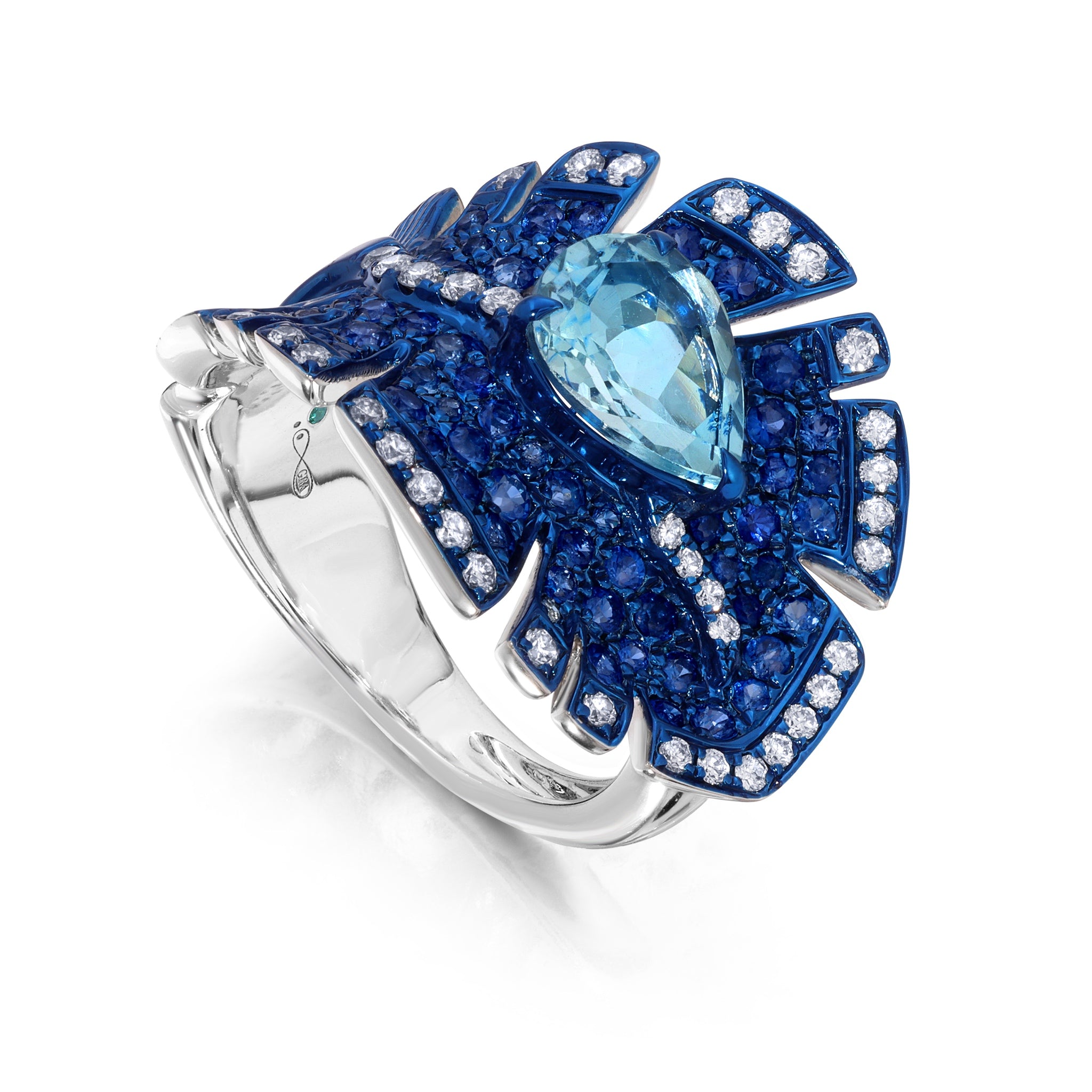 Aquamarine &amp; Blue Sapphire Folha Ring