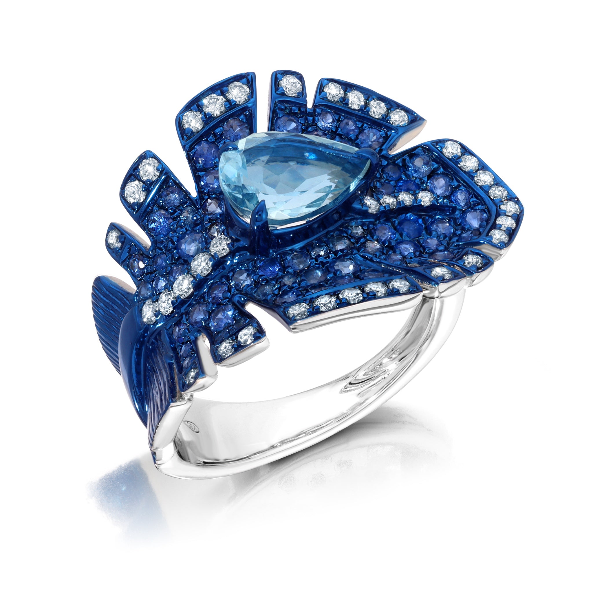 Aquamarine & Blue Sapphire Folha Ring