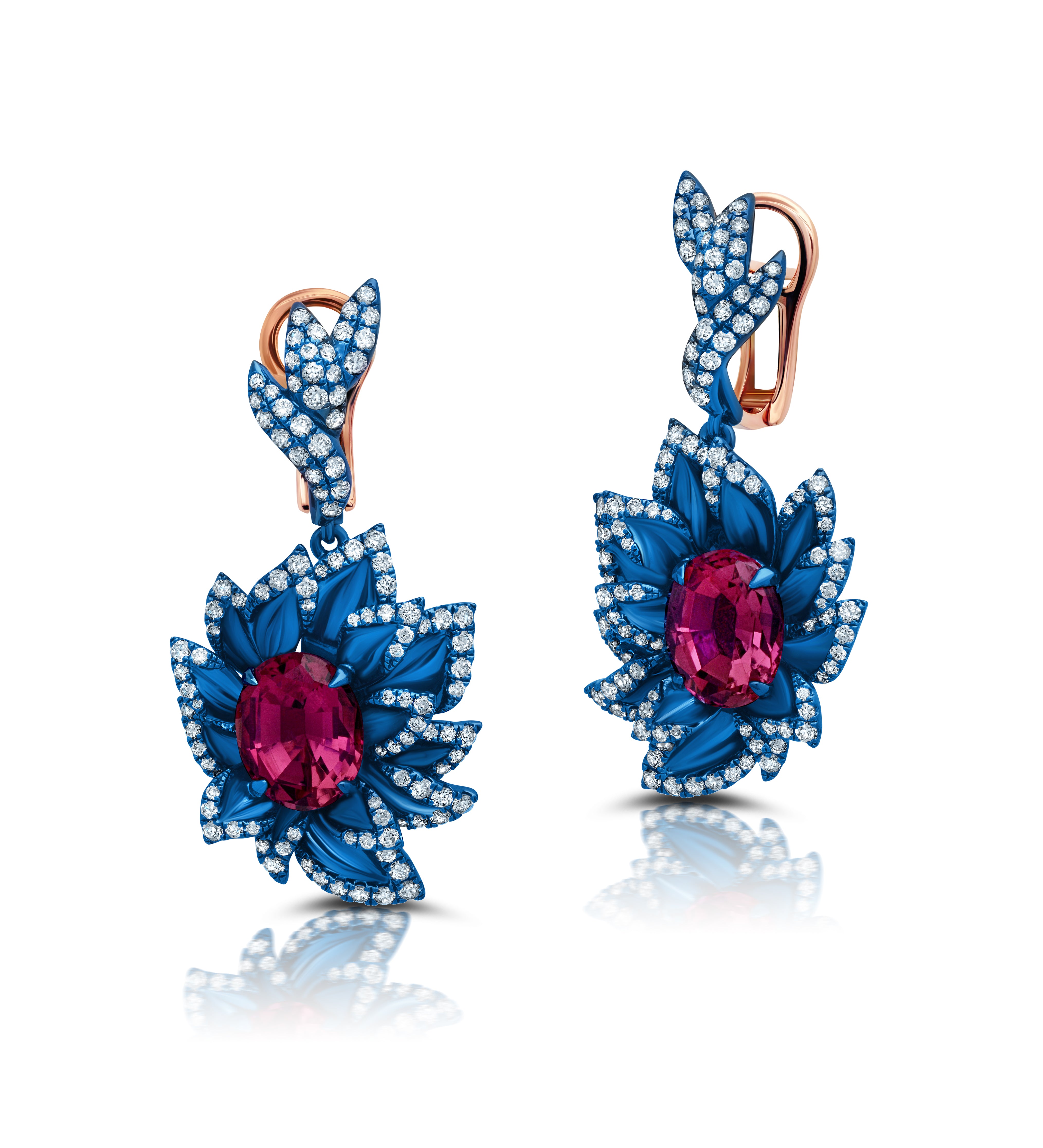 Rubellite &amp; Diamond Blue Rhodium Lily Earrings