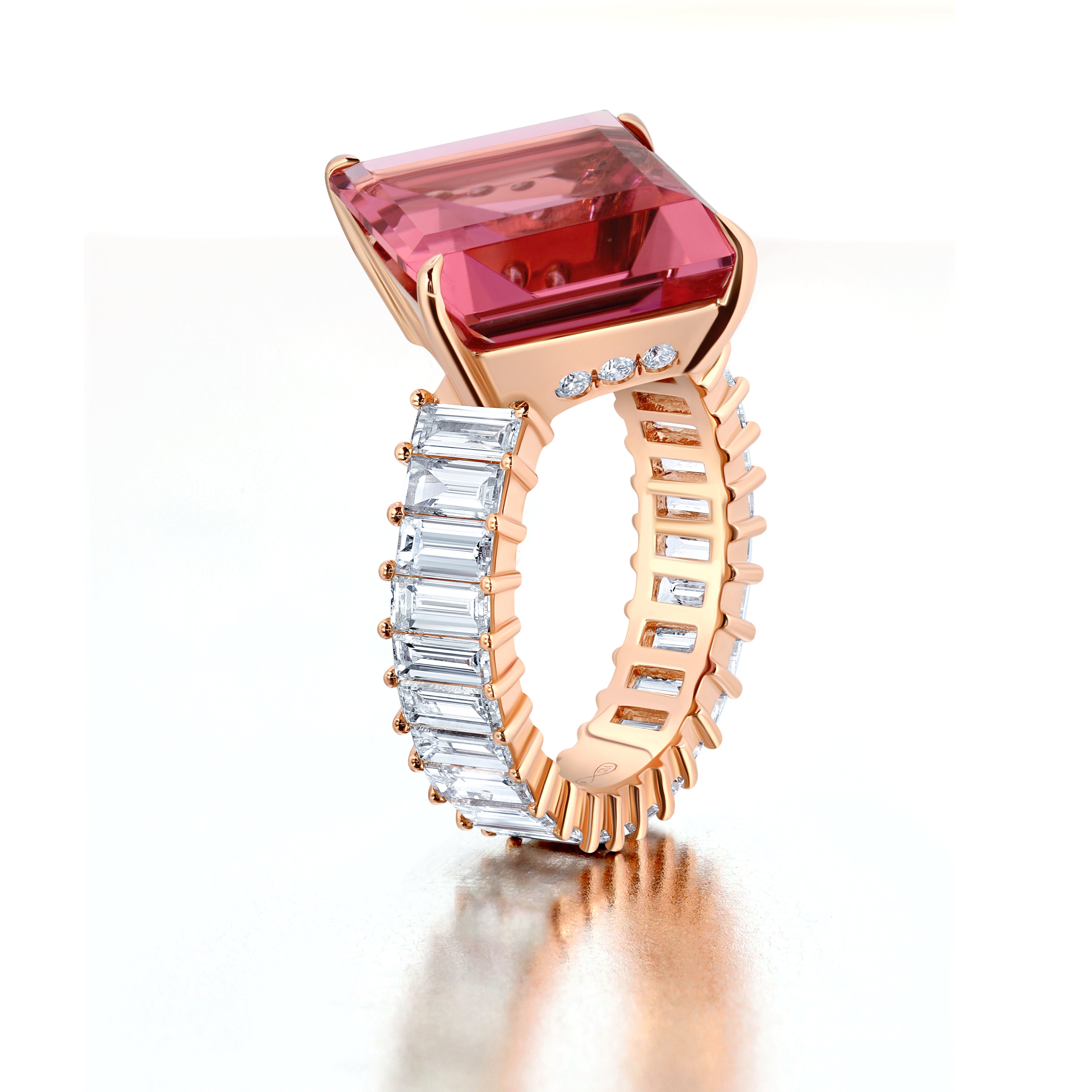 Pink Tourmaline &amp; Diamond Baguette Statement Ring