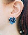 Satin Blue Titanium Flower Earrings