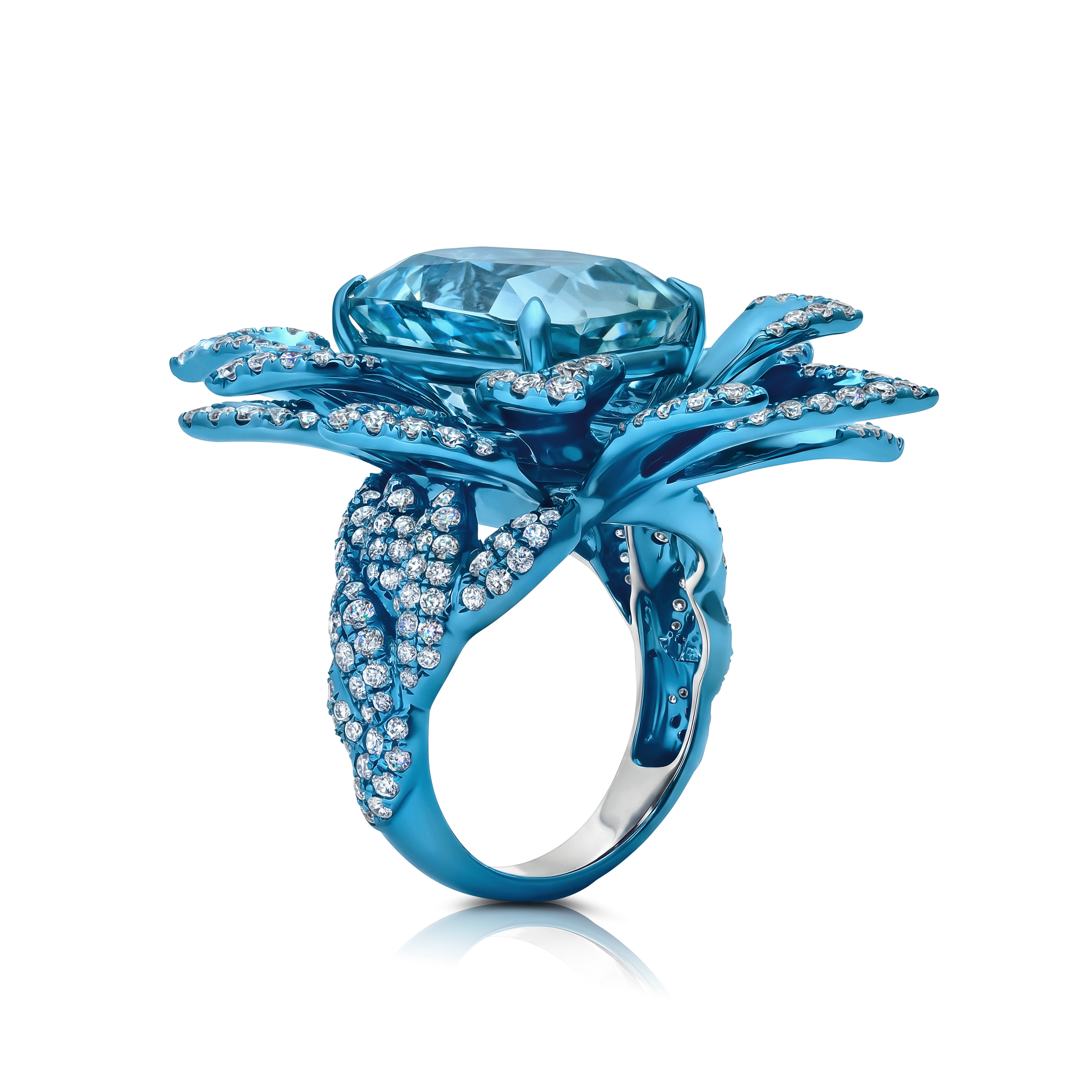 Aquamarine &amp; Diamond Blue Rhodium Lily Ring