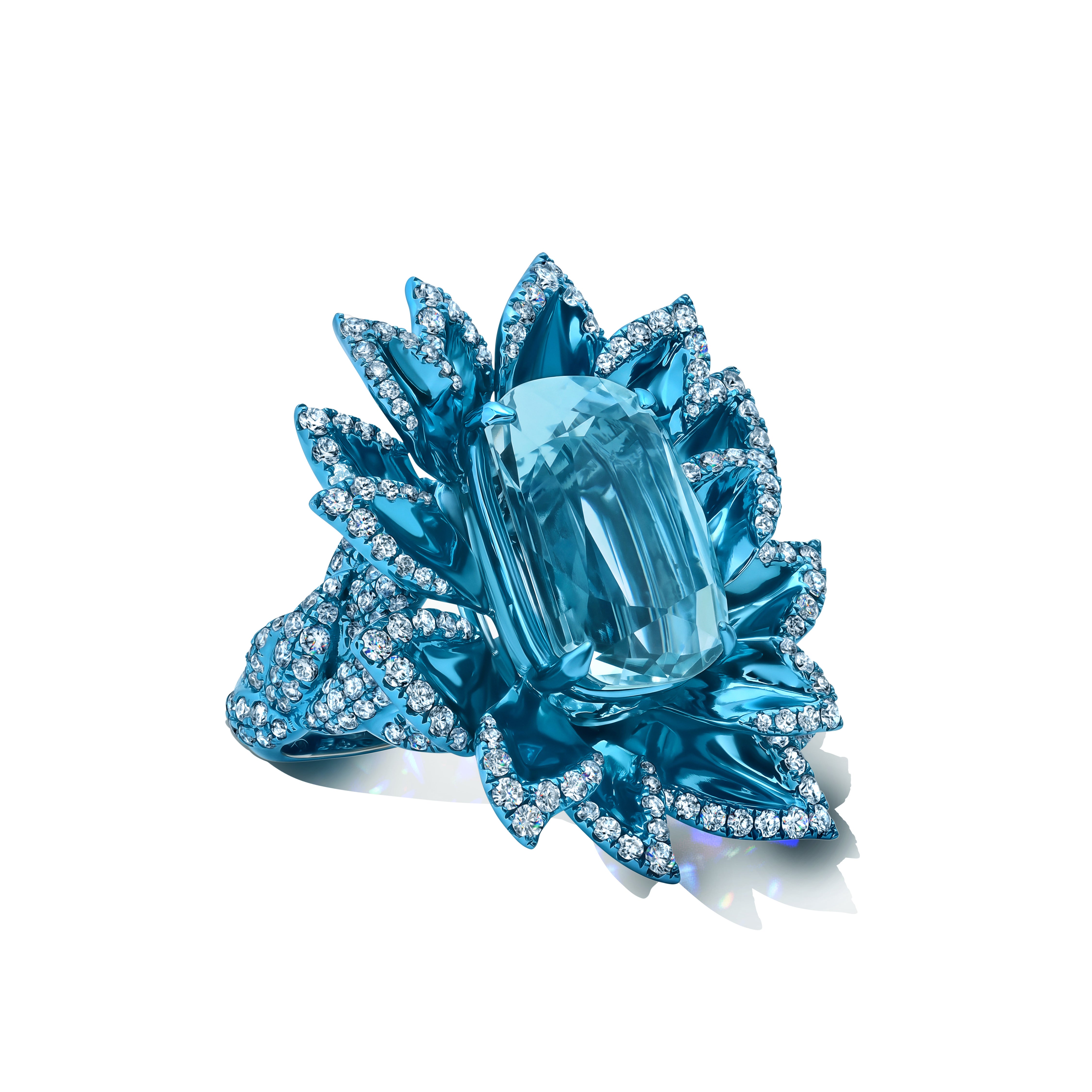 Aquamarine &amp; Diamond Blue Rhodium Lily Ring