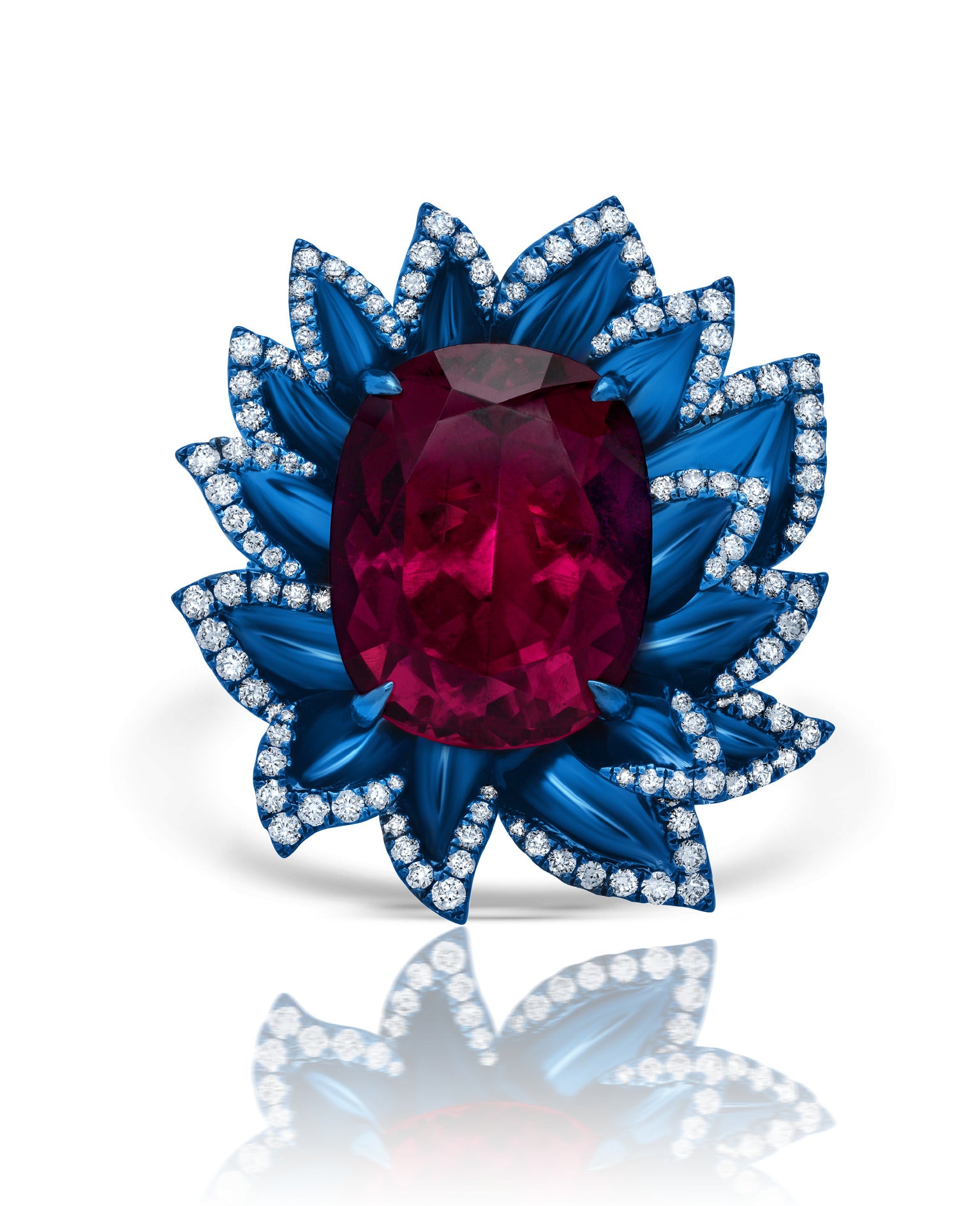 Rubellite &amp; Diamond Blue Rhodium Lily Ring
