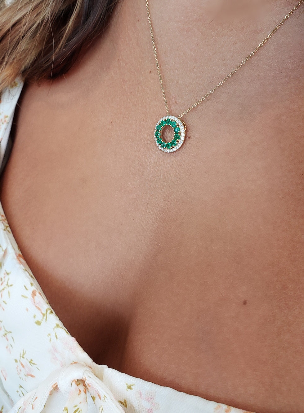Emerald 3 Sided Circle Necklace in Yellow Gold