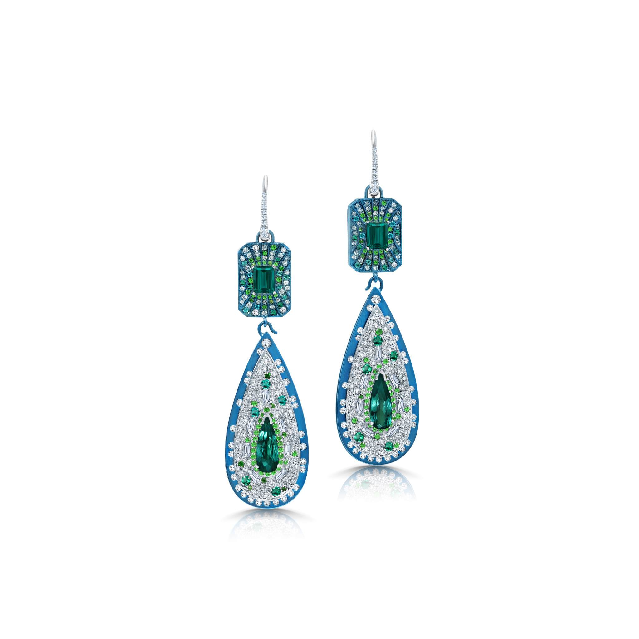 Graziela Gems - Indicolite &amp; Diamond Titanium Earrings - 