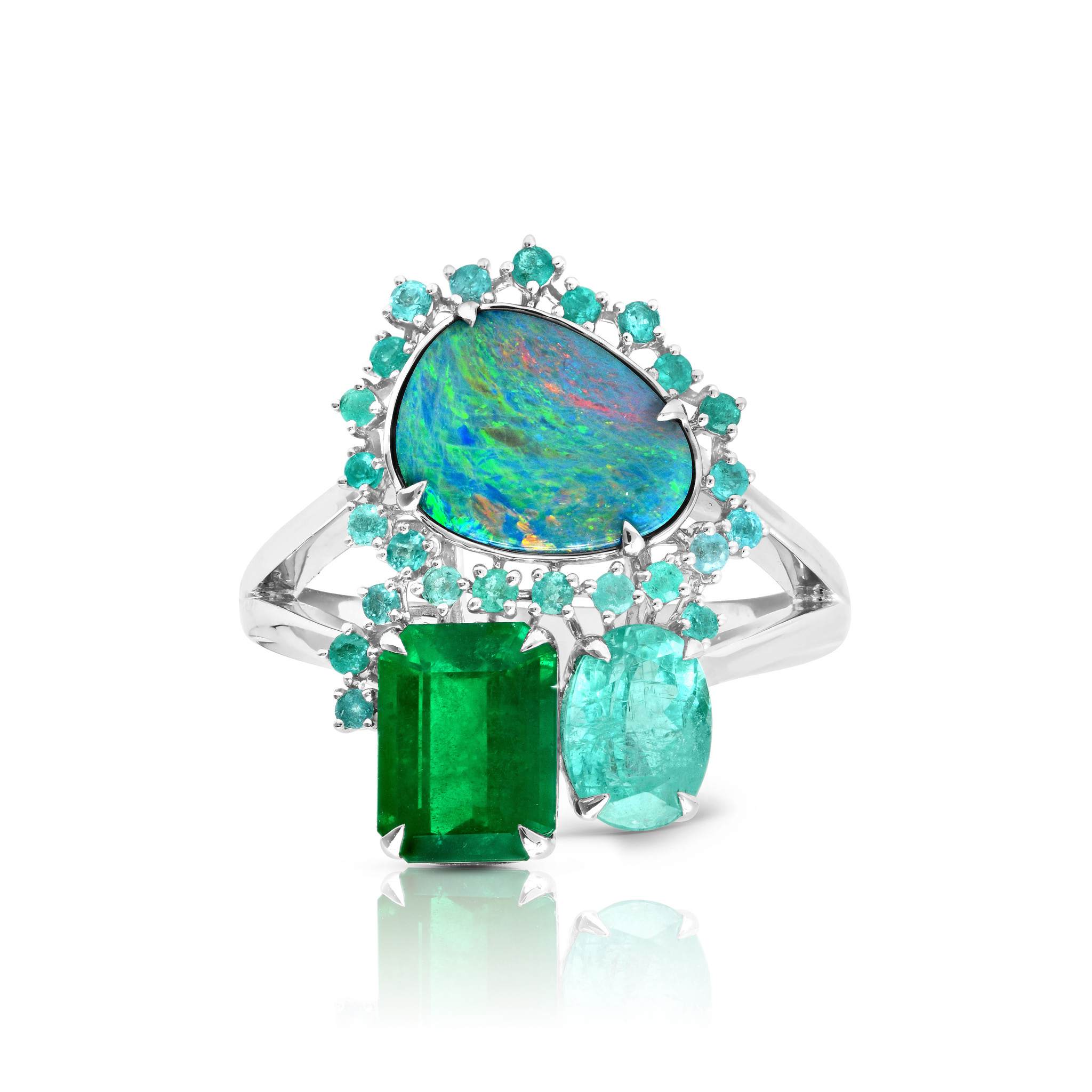 Emerald, Opal and Graziela Tourmaline Trio Ring
