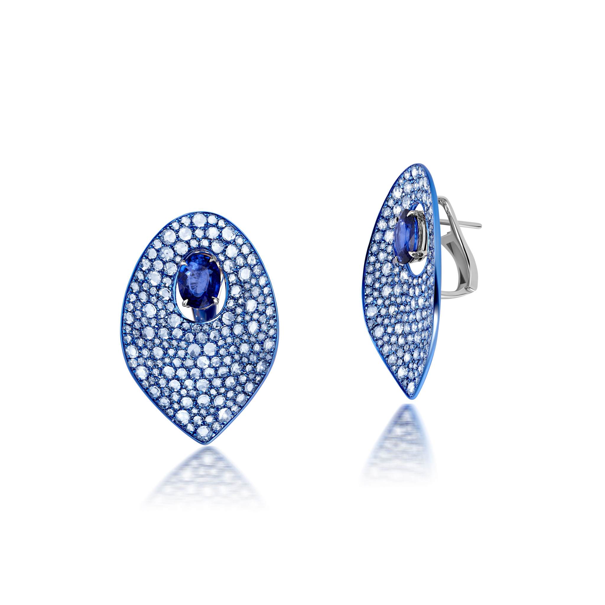 Graziela Gems - Blue Rhodium & Sapphire Diamond Earrings - 