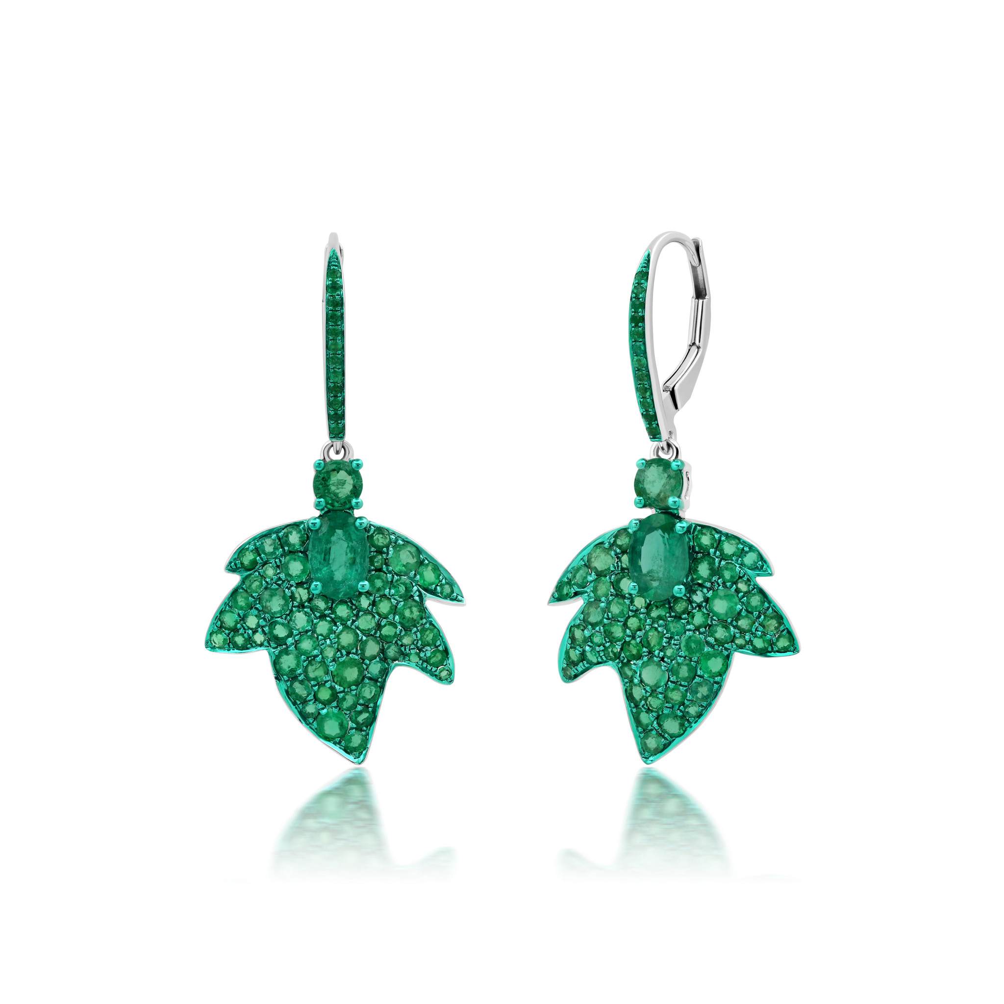 Graziela Gems - Green Rhodium & Emerald Folha Earrings - 