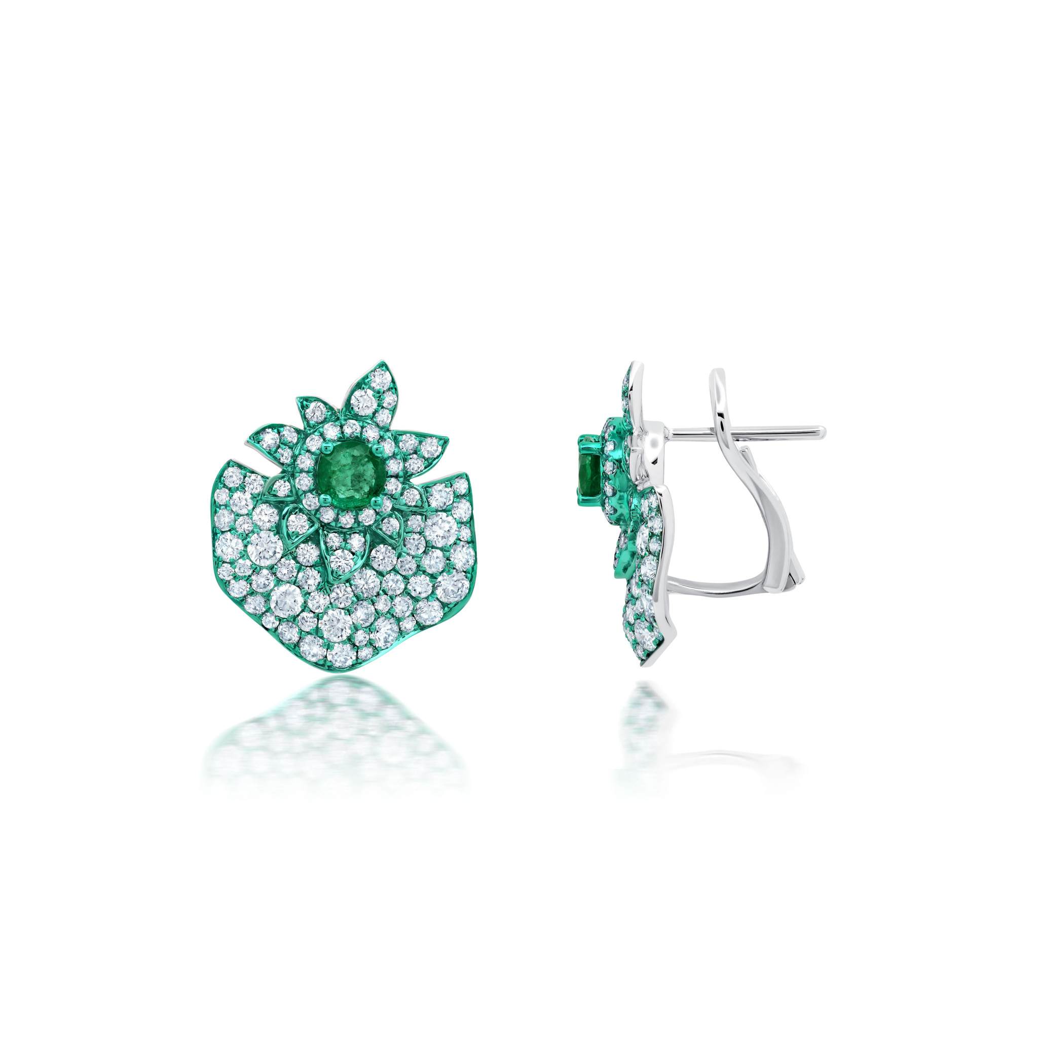 Graziela Gems - Green Rhodium, Emerald &amp; Diamond Folha Earrings - 