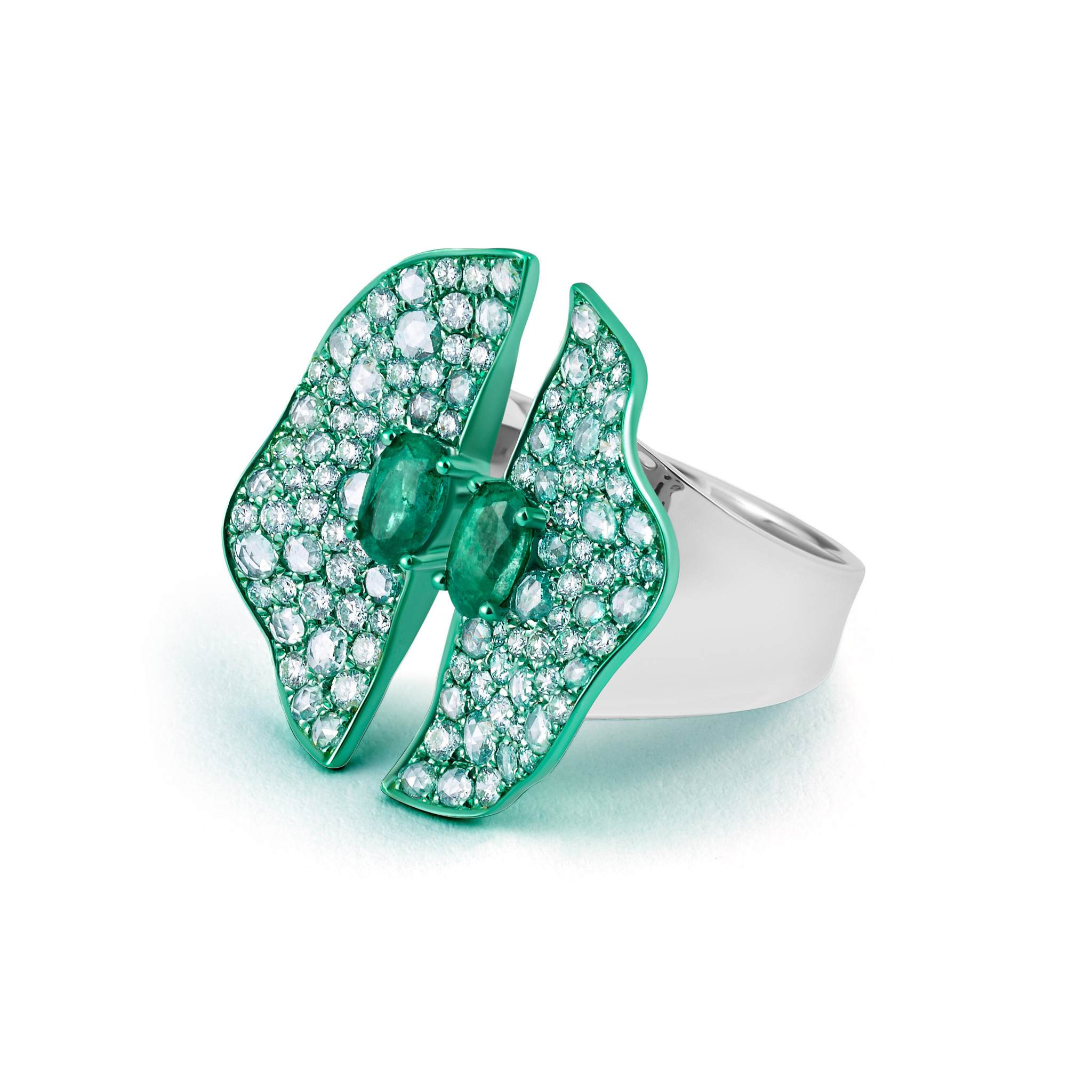 Emerald & Diamond Open Green Rhodium Ring