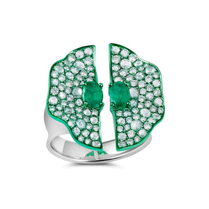 Emerald & Diamond Open Green Rhodium Ring