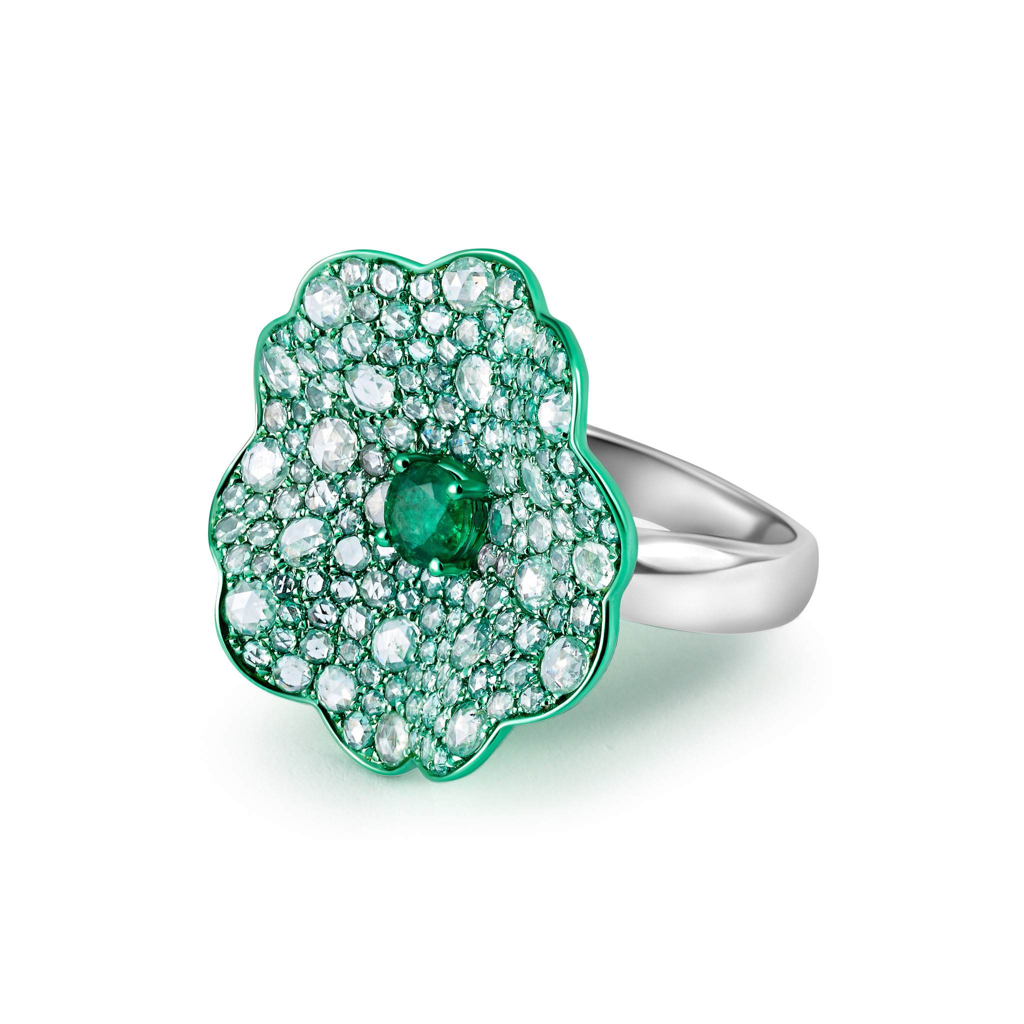Emerald & Diamond Green Rhodium Flower Ring