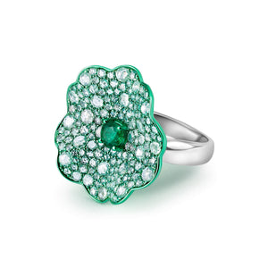 Emerald & Diamond Green Rhodium Flower Ring