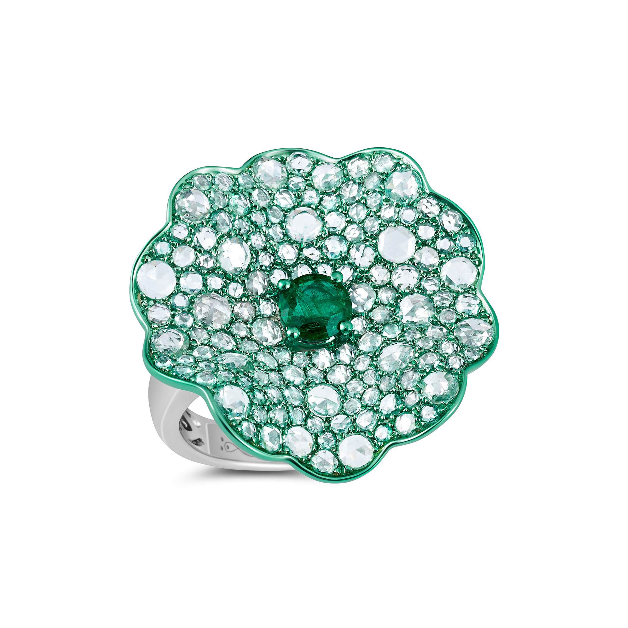 Emerald & Diamond Green Rhodium Flower Ring