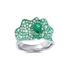 Emerald & Diamond Green Rhodium Scalloped Band