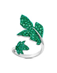 Large Green Rhodium & Emerald Folha Ring