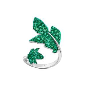 Large Green Rhodium & Emerald Folha Ring