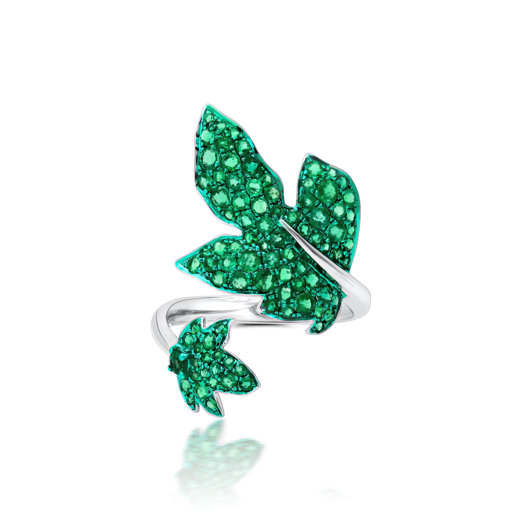 Large Green Rhodium & Emerald Folha Ring