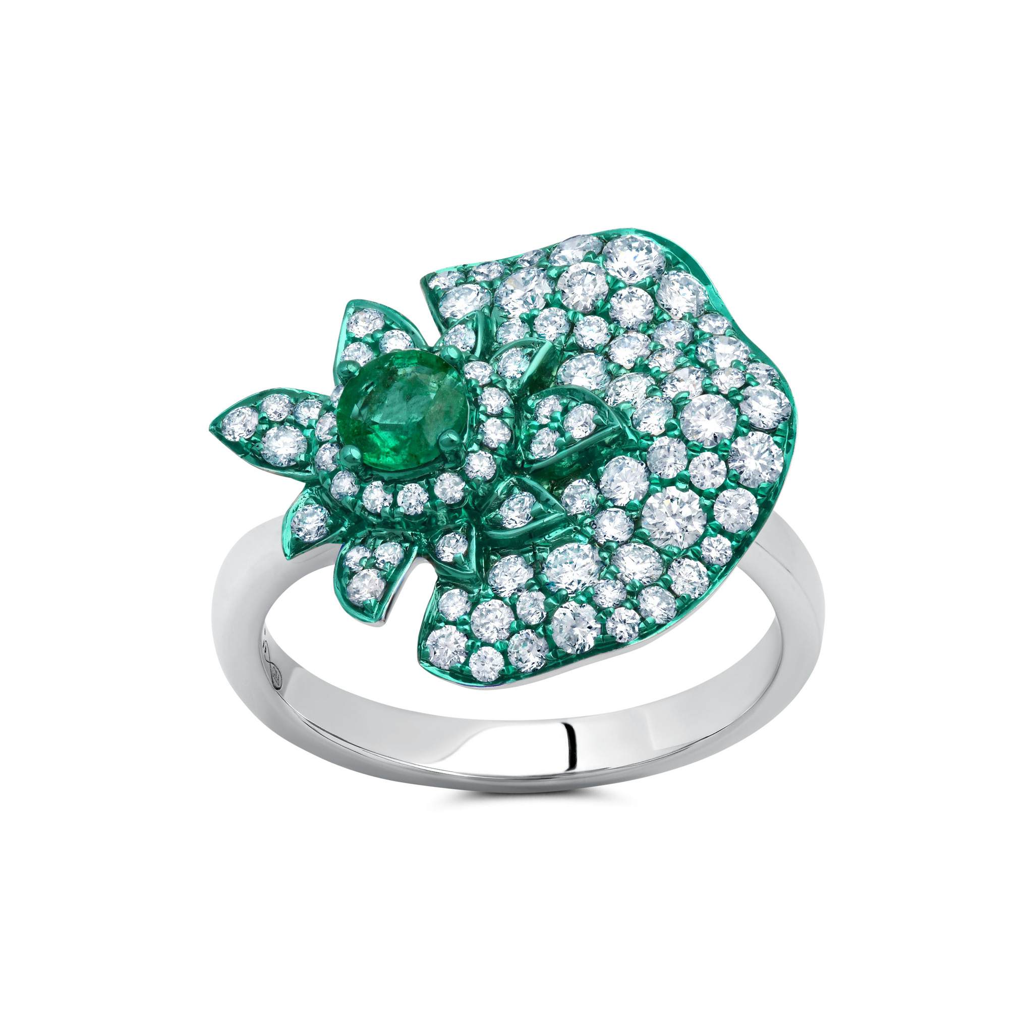 Green Rhodium, Emerald & Diamond Folha Ring