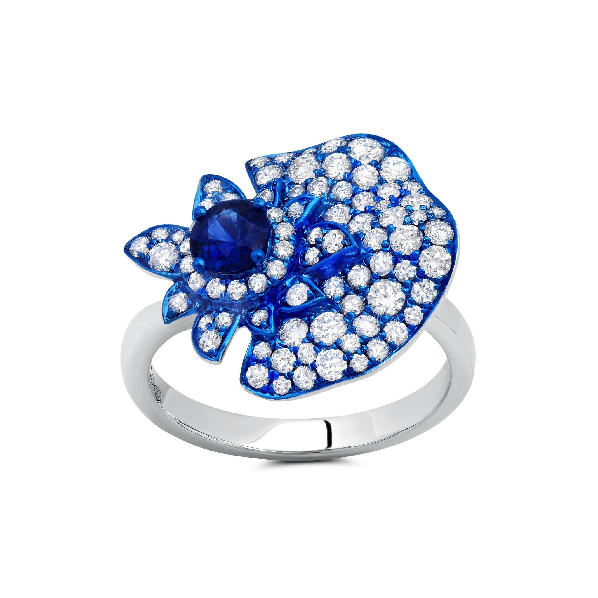 Blue Rhodium, Blue Sapphire & Diamond Folha Ring