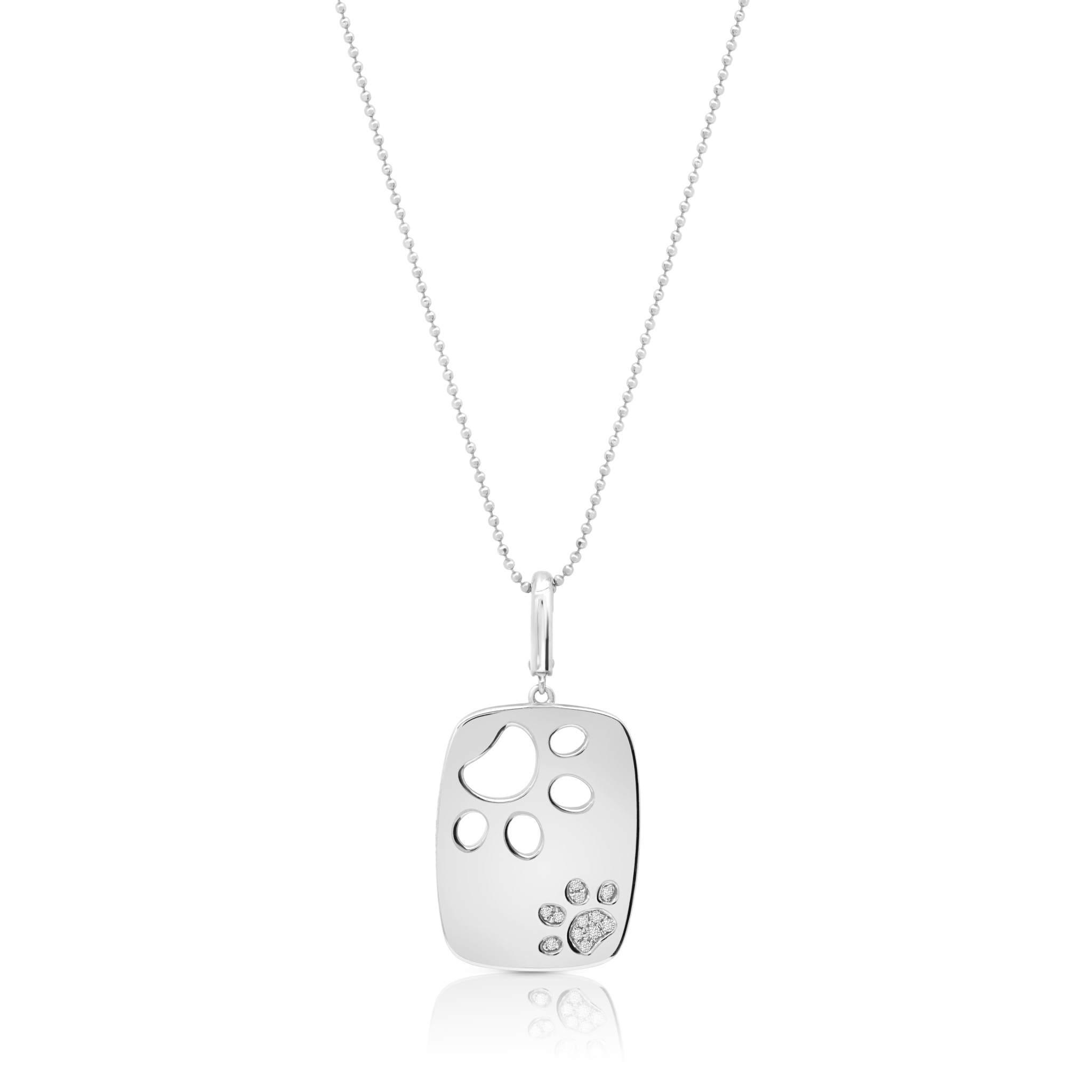 Graziela Gems - Necklace - Juxtaposed Dog Paw Rounded Rectangle Pendant - White Gold 14K Diamond