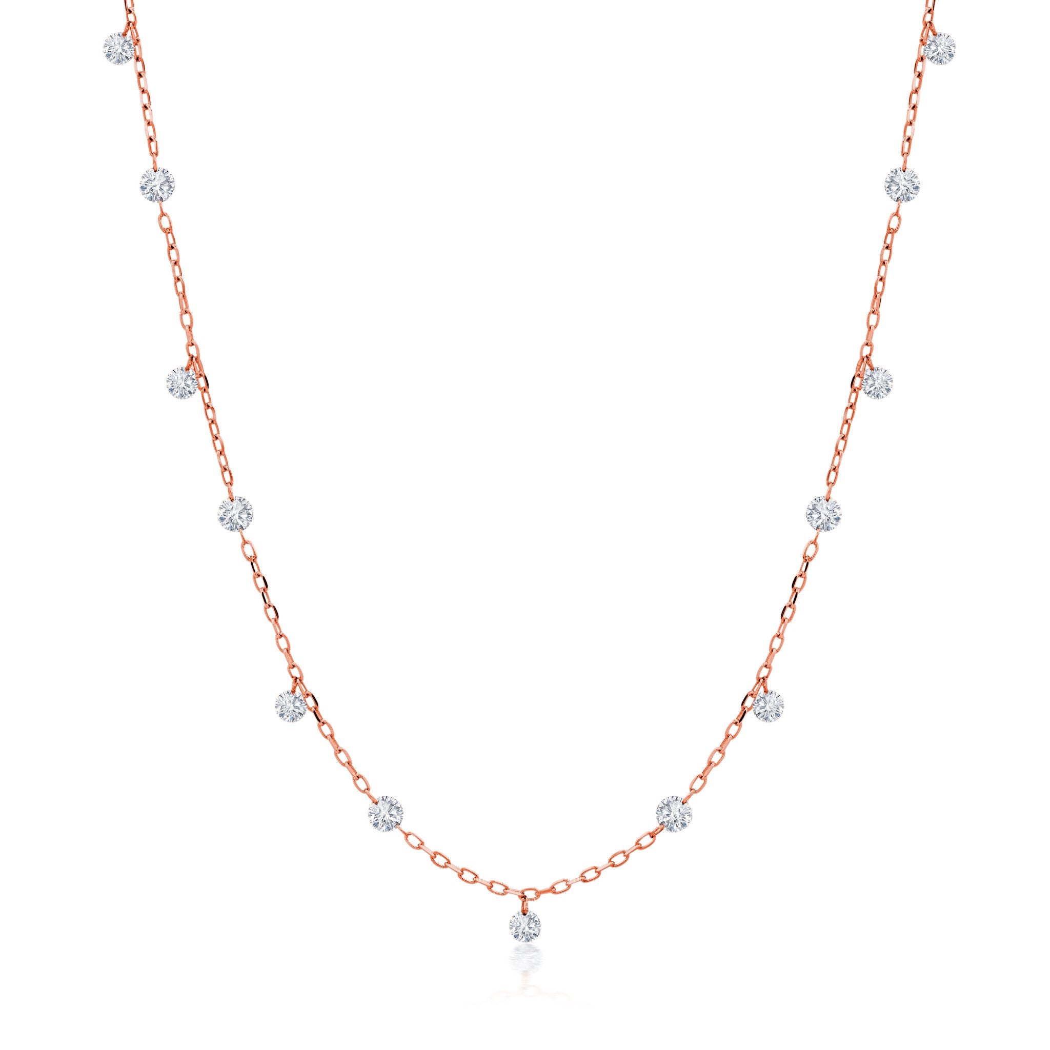 Graziela Gems - Necklace - 1 Ct Floating Diamond Drop &amp; Station Necklace - Rose Gold