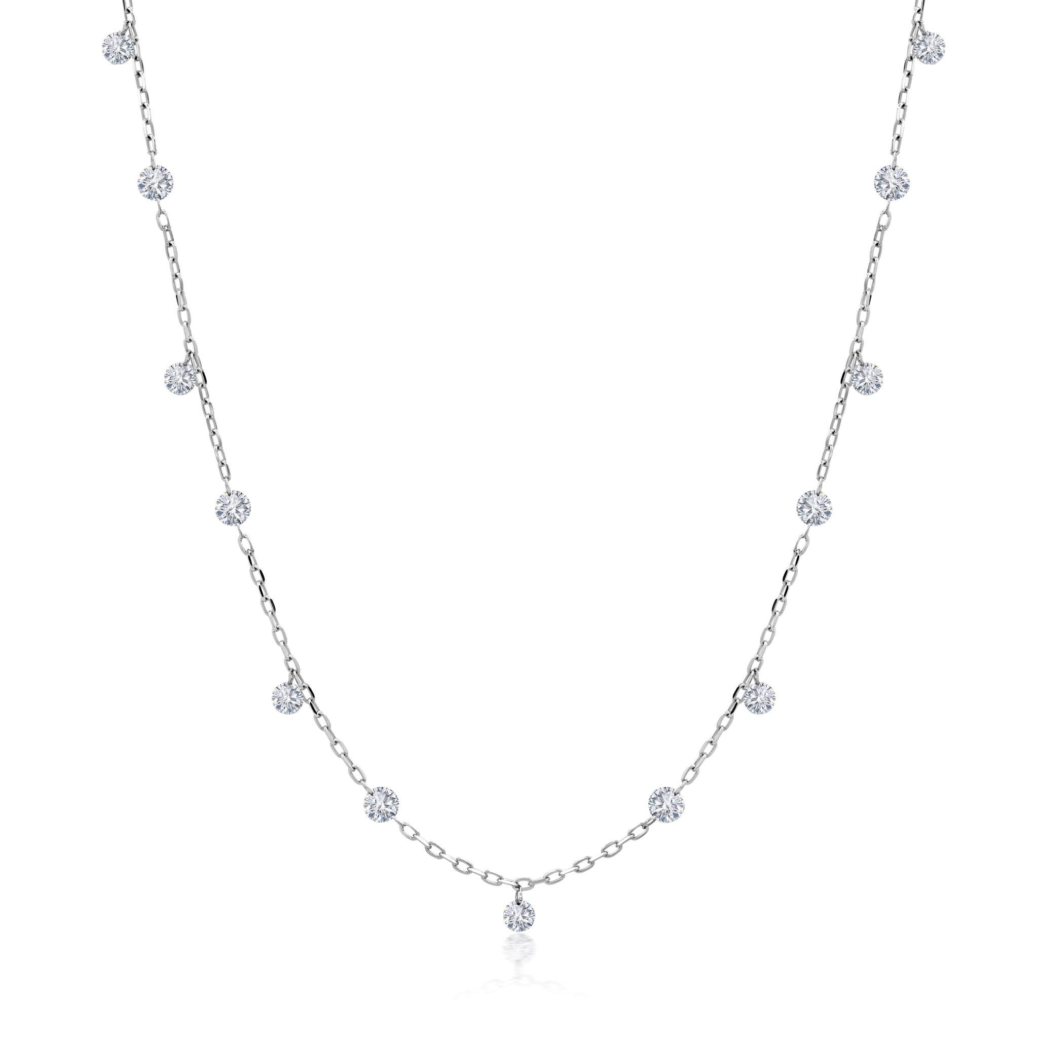 Graziela Gems - Necklace - 1 Ct Floating Diamond Drop &amp; Station Necklace - White Gold