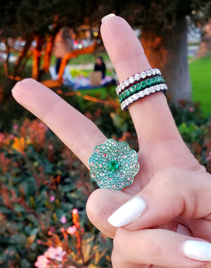 Emerald & Diamond Green Rhodium Flower Ring