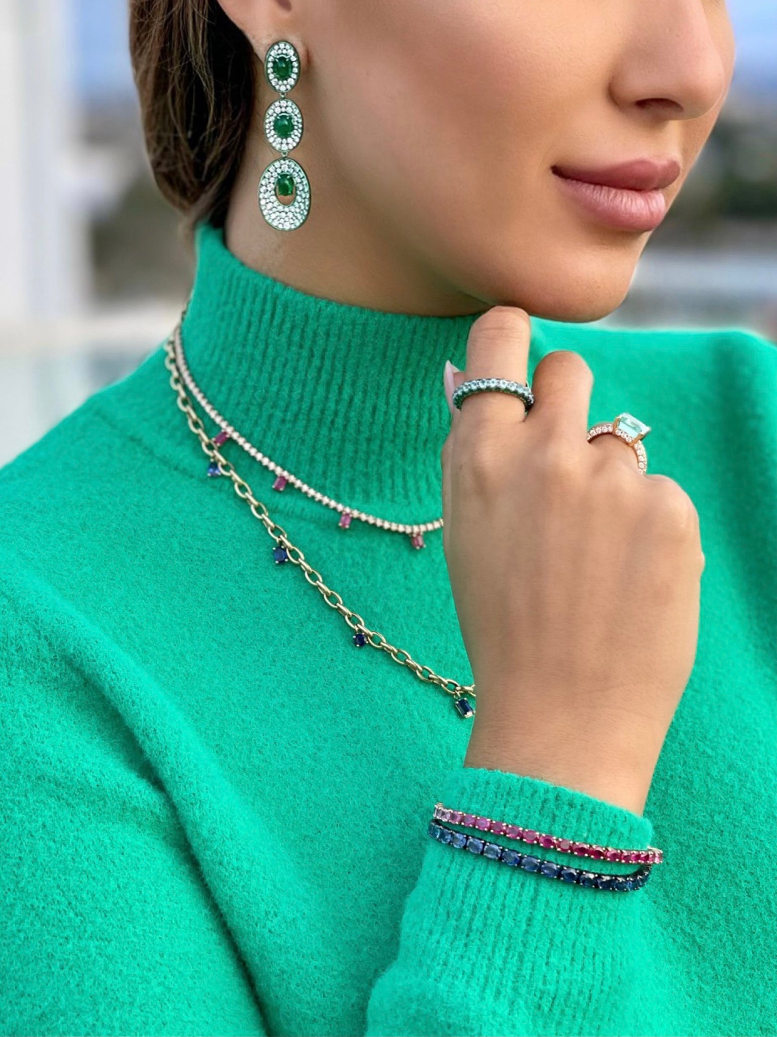Green Rhodium, Emerald & Diamond Earrings