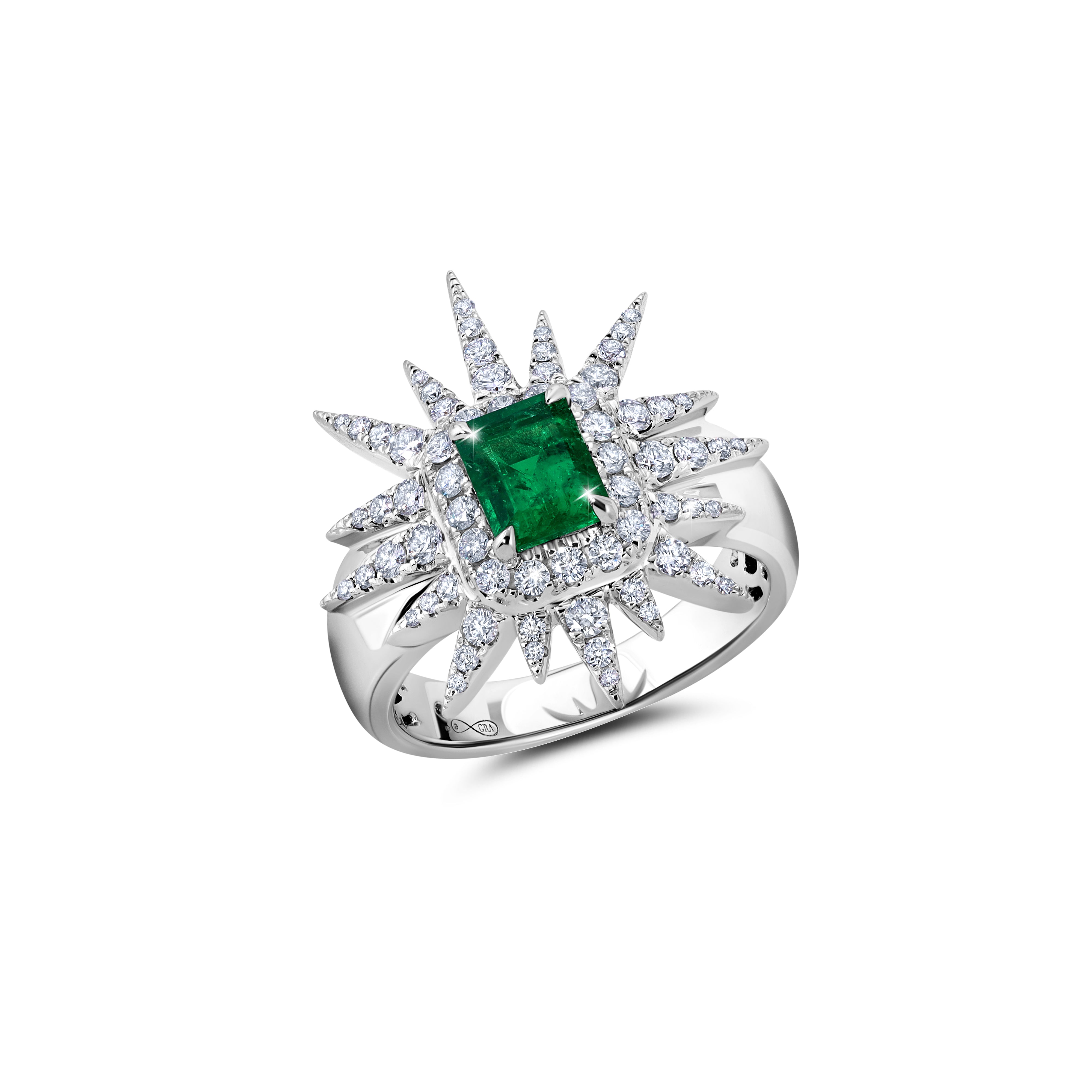 Emerald &amp; Diamond Sunburst Ring