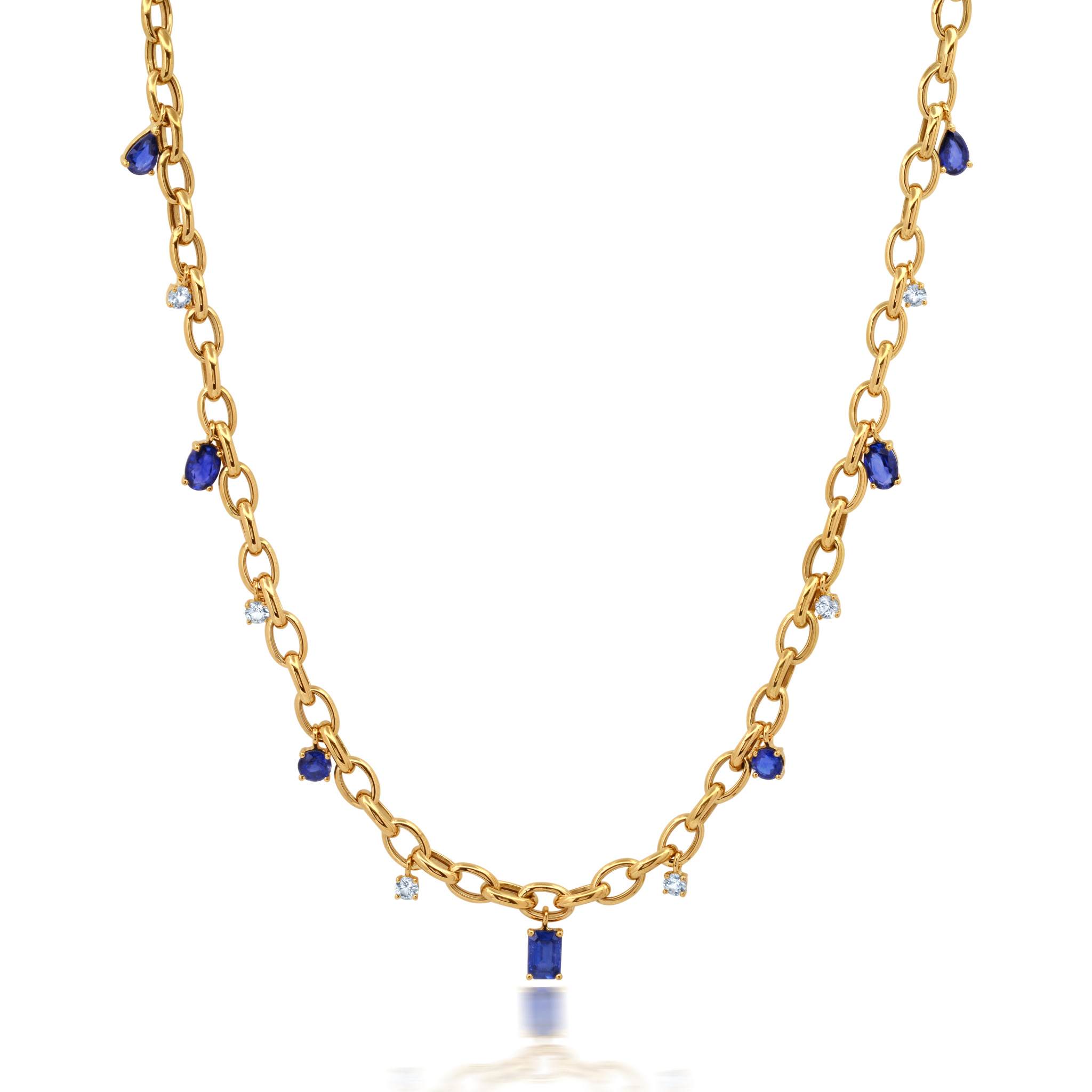 Graziela Gems - Necklace - Blue Sapphire &amp; White Sapphire Link Necklace - 