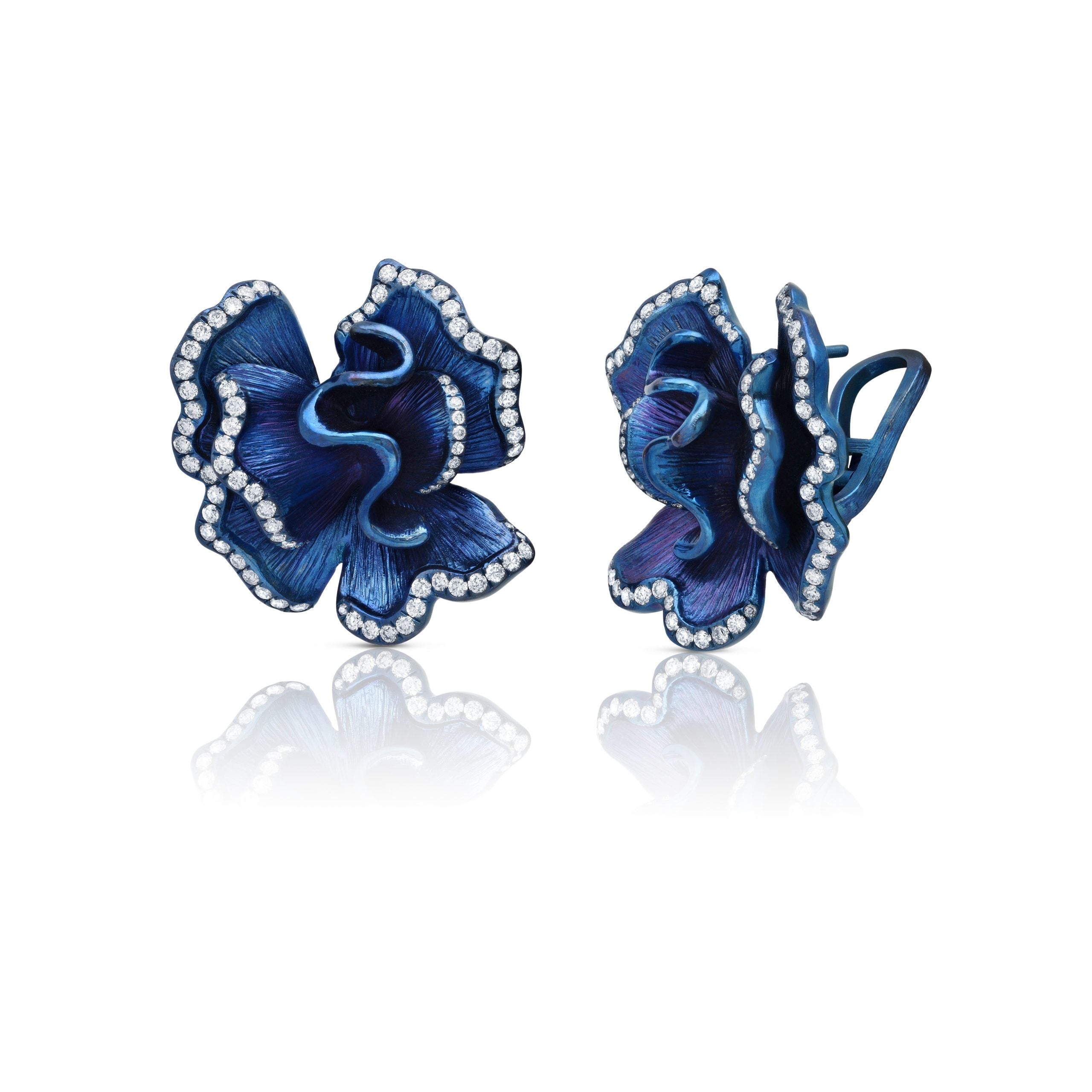 Graziela Gems - Satin Blue Titanium Flower Earrings - 