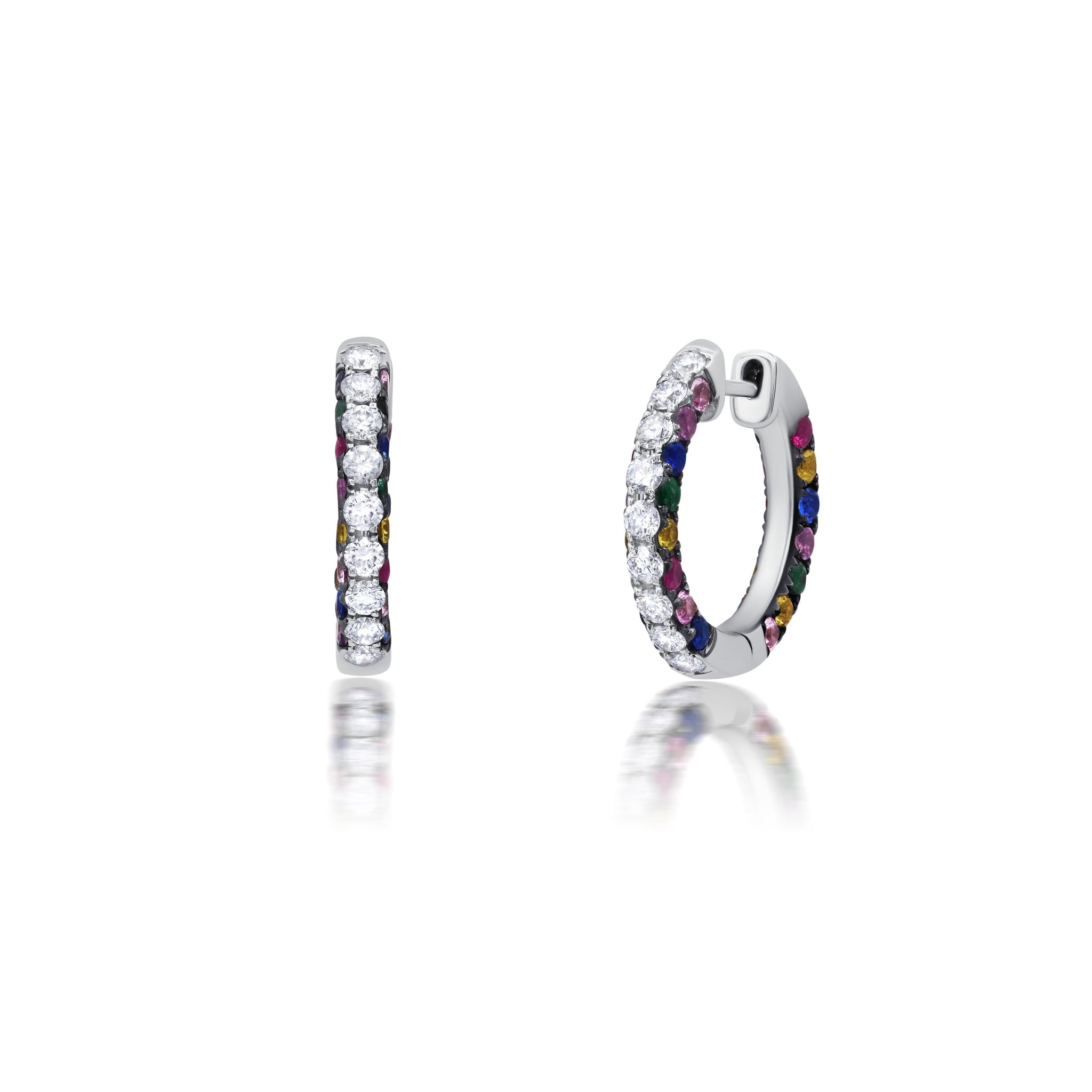 Graziela Gems - Multi Color Sapphire and Diamond 3 Sided Hoop Earrings - White Gold