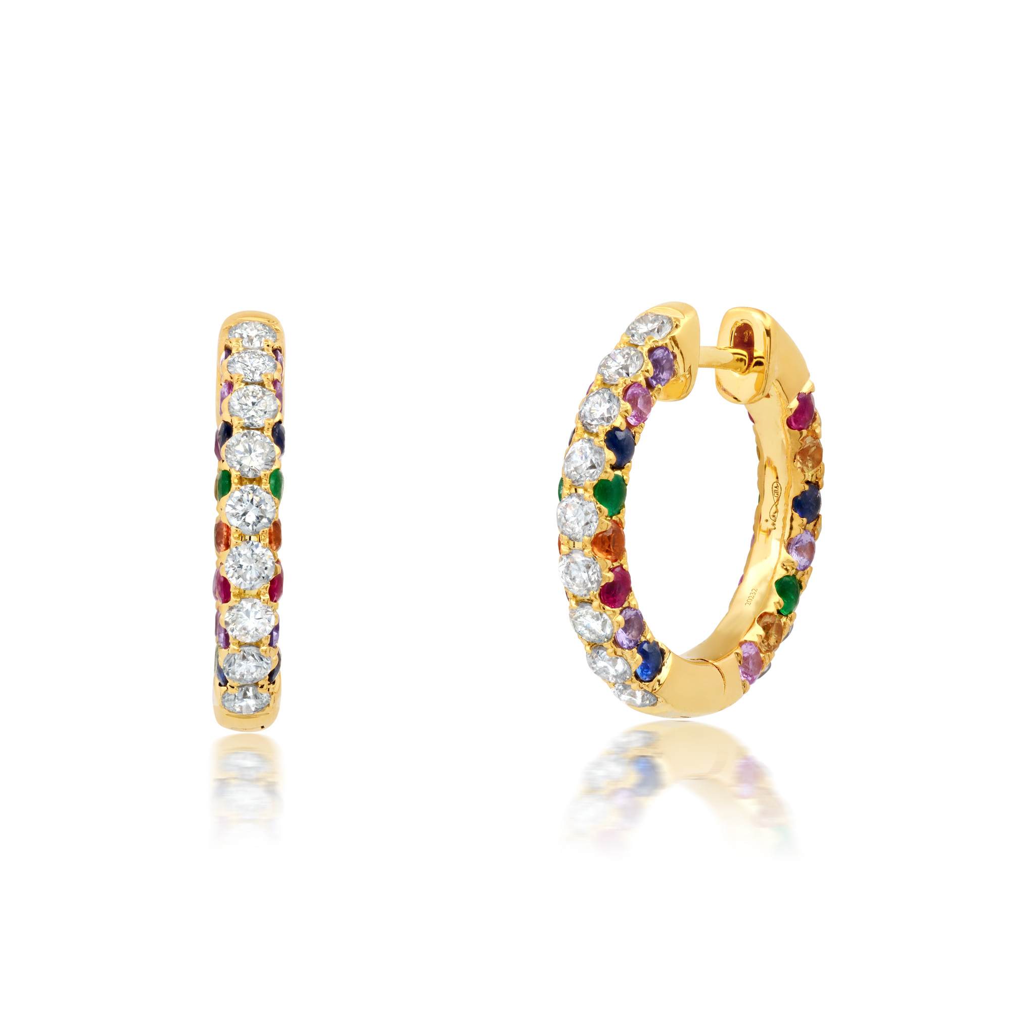 Graziela Gems - Multi Color Sapphire and Diamond 3 Sided Hoop Earrings - Yellow Gold