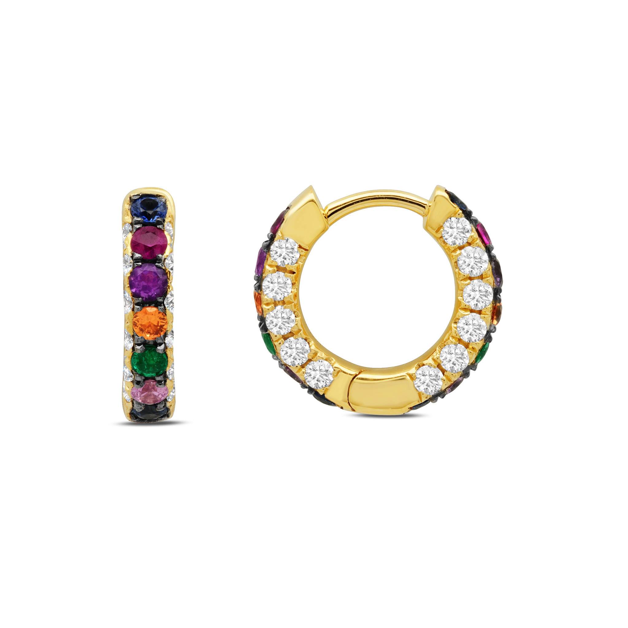 Graziela Gems - Rainbow &amp; Diamond 3 Sided Hoop Earrings - Yellow Gold